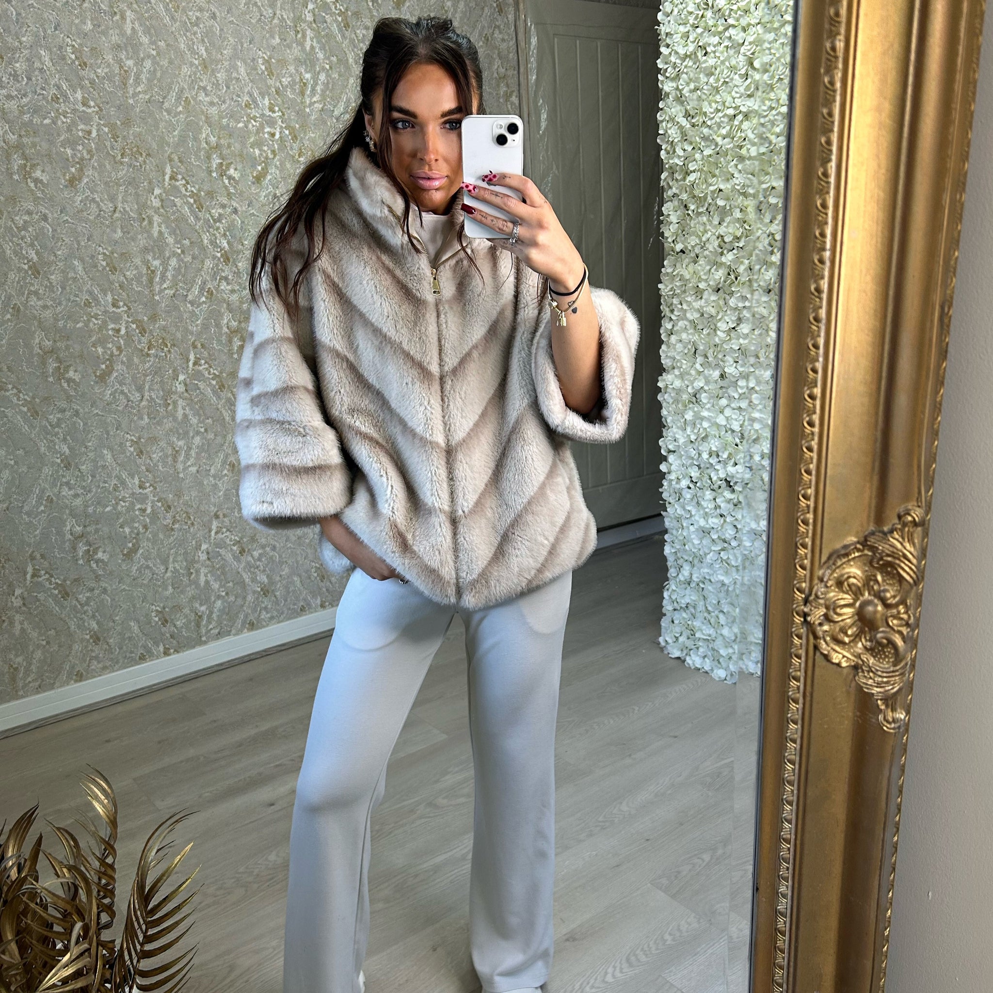 Beige Two Tone Faux Fur Coat