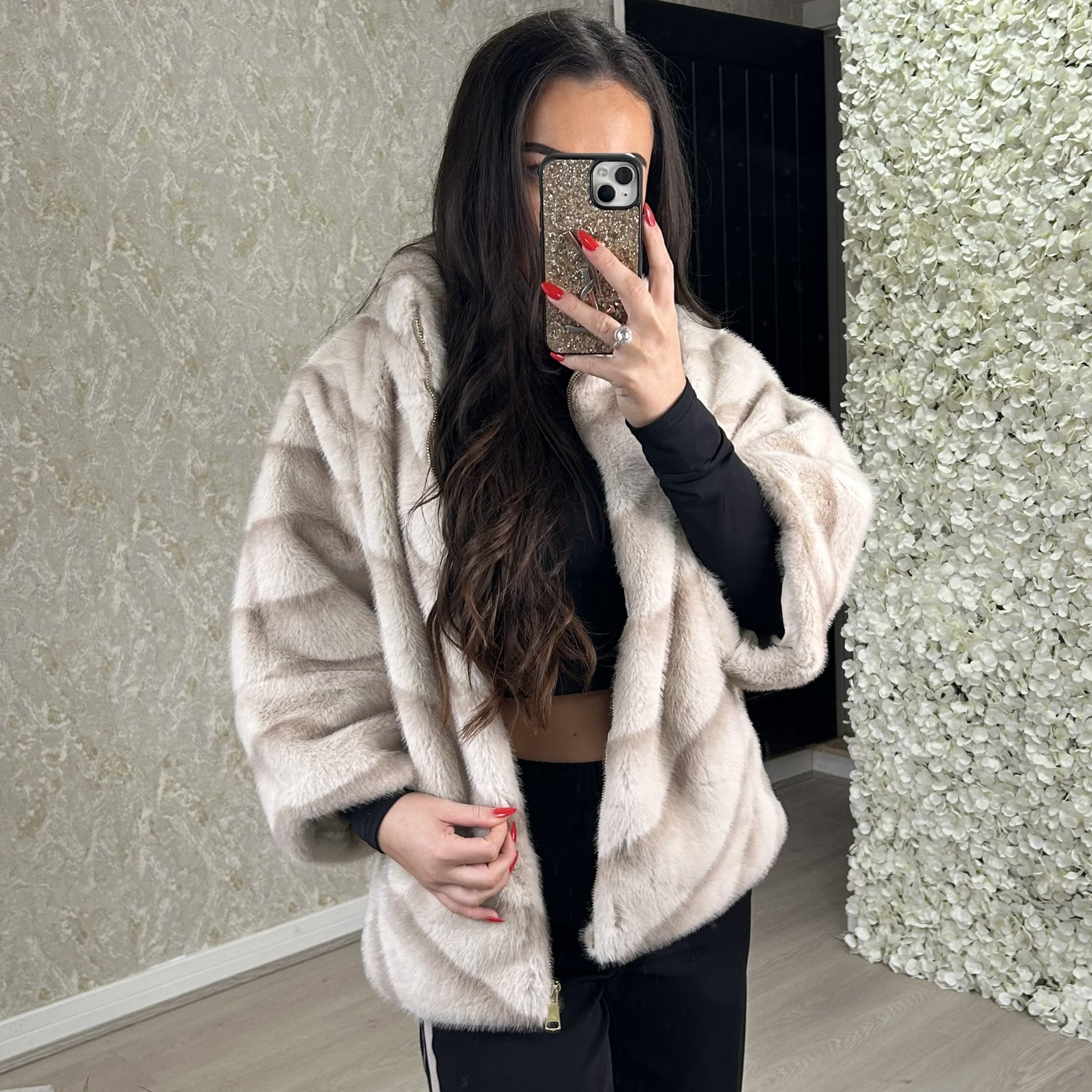 Beige Two Tone Faux Fur Coat