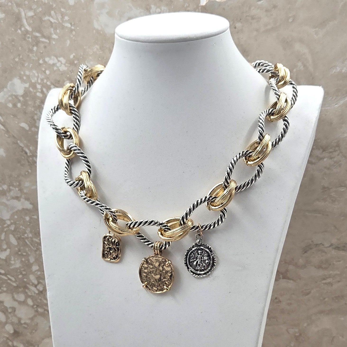 Two Tone Chain Necklace With Coin Elements