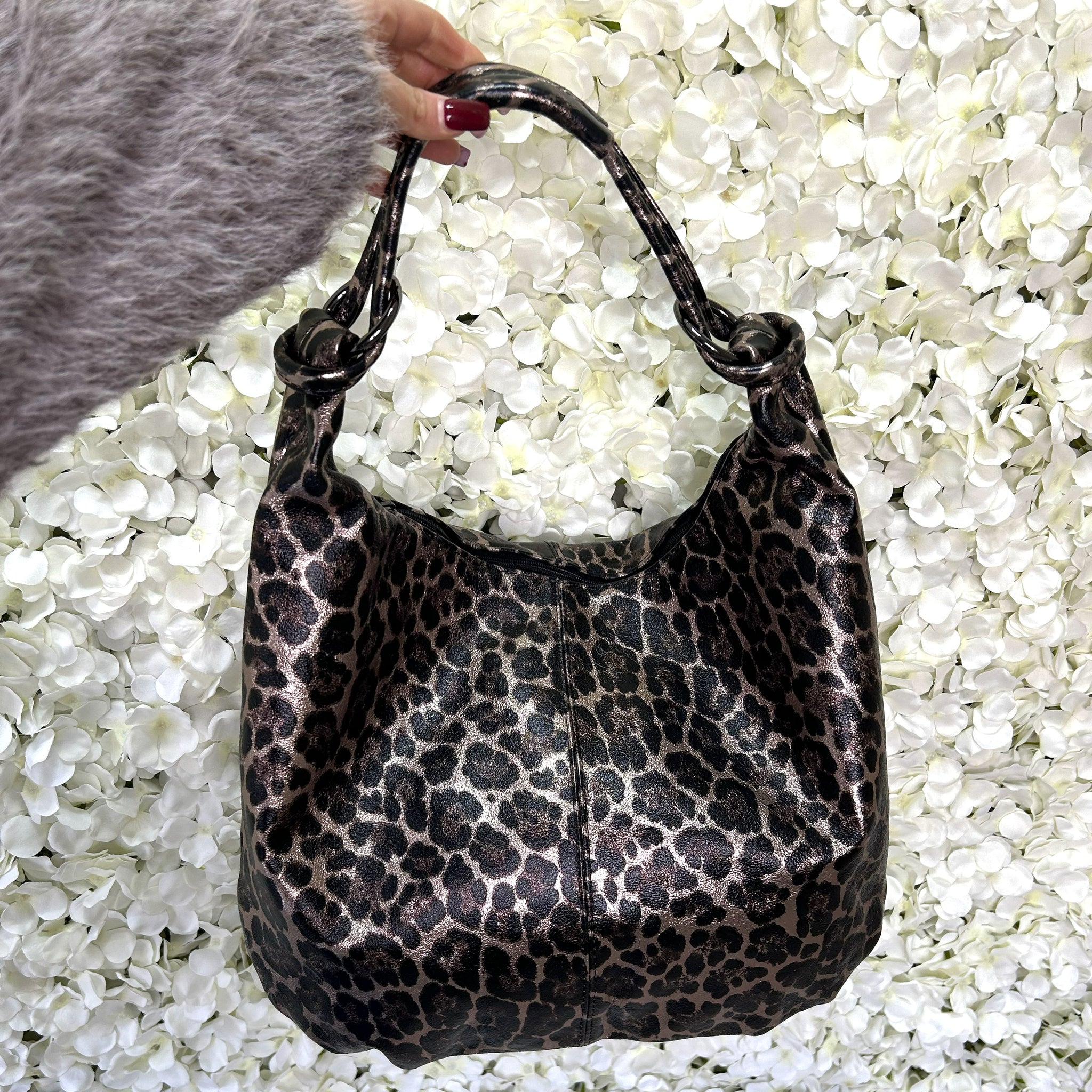 Real Leather Bronze Leopard Print Slouchy Handbag