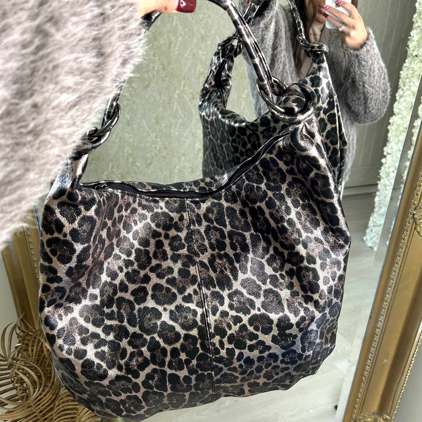 Real Leather Bronze Leopard Print Slouchy Handbag
