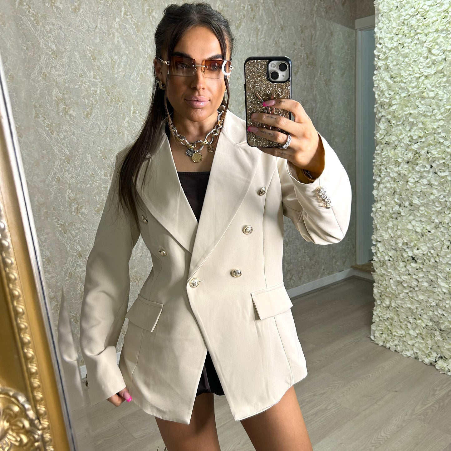 Beige Smart Blazer With Shoulder Pads