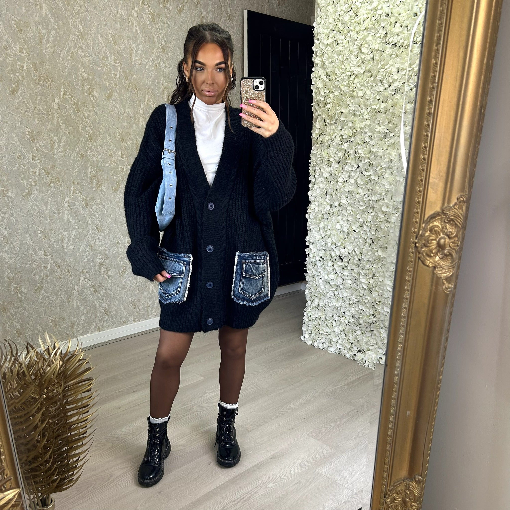 Black Chunky Knitted Cardigan With Denim Pockets