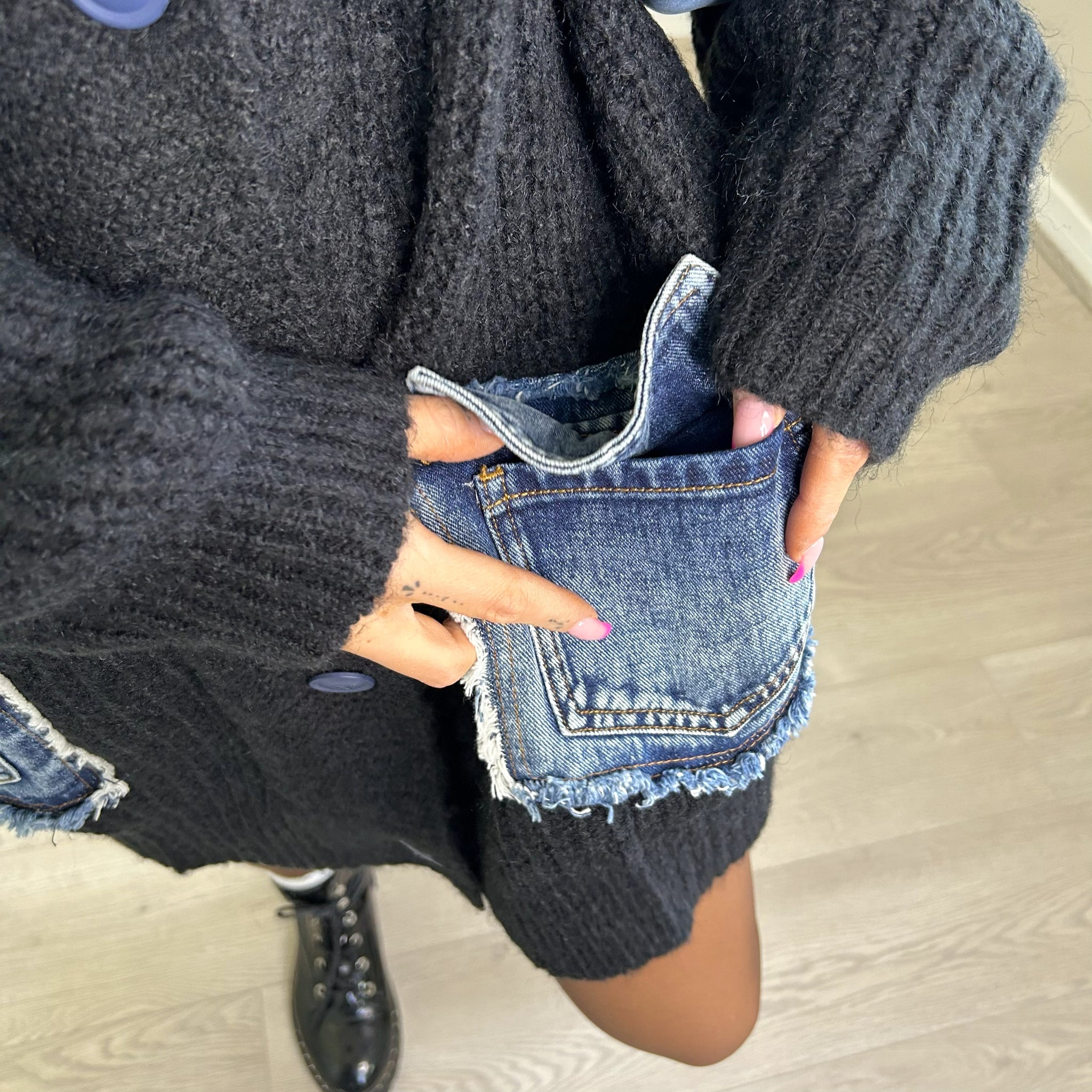 Black Chunky Knitted Cardigan With Denim Pockets