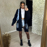 Black Chunky Knitted Cardigan With Denim Pockets