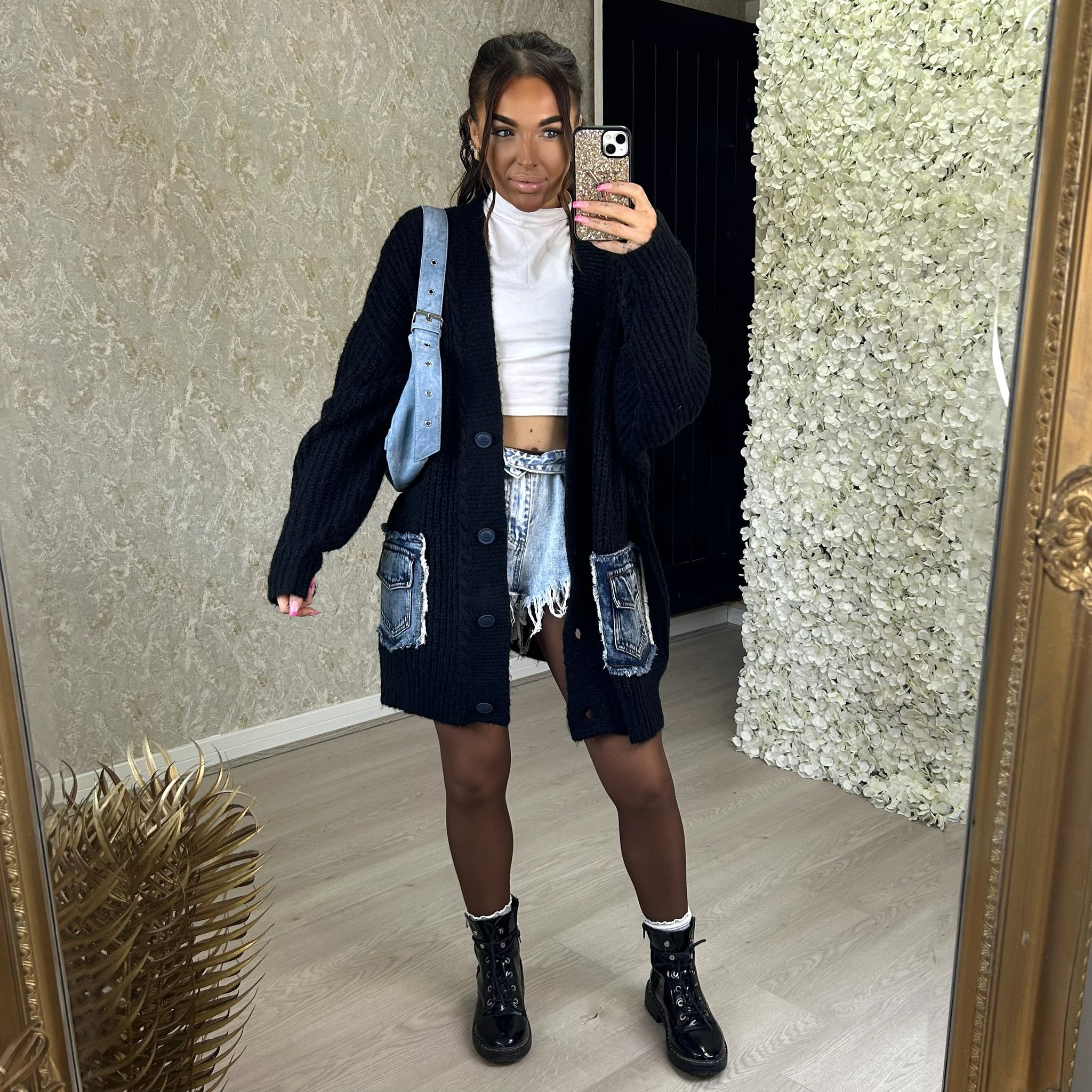 Black Chunky Knitted Cardigan With Denim Pockets