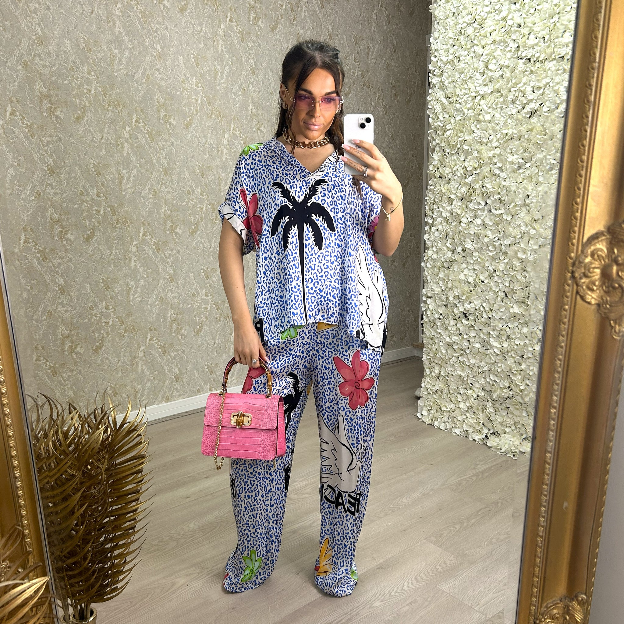 Leopard And Palm Tree Print Satin Feel Top