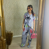 Leopard And Palm Tree Print Satin Feel Trousers
