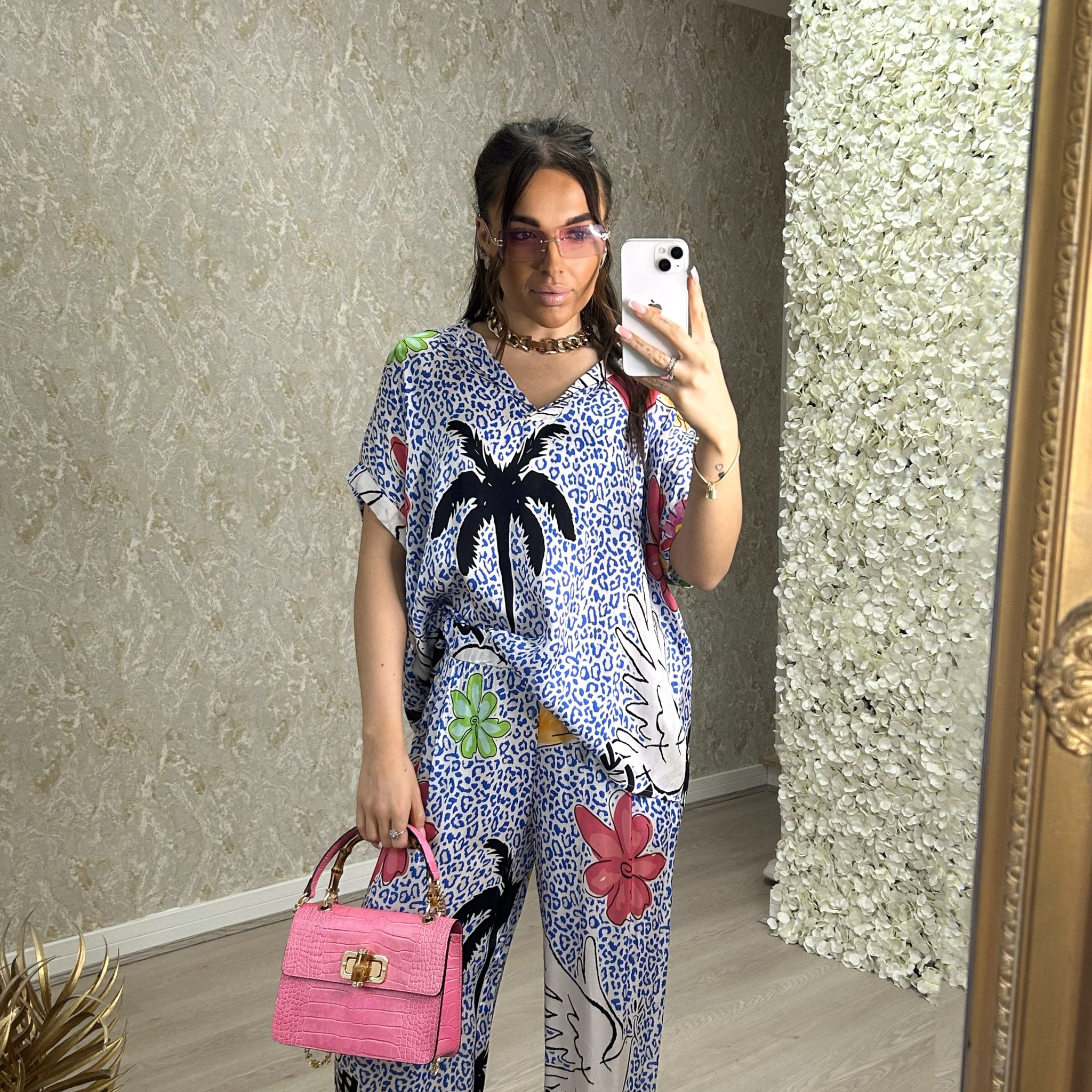 Leopard And Palm Tree Print Satin Feel Top