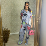Leopard And Palm Tree Print Satin Feel Trousers