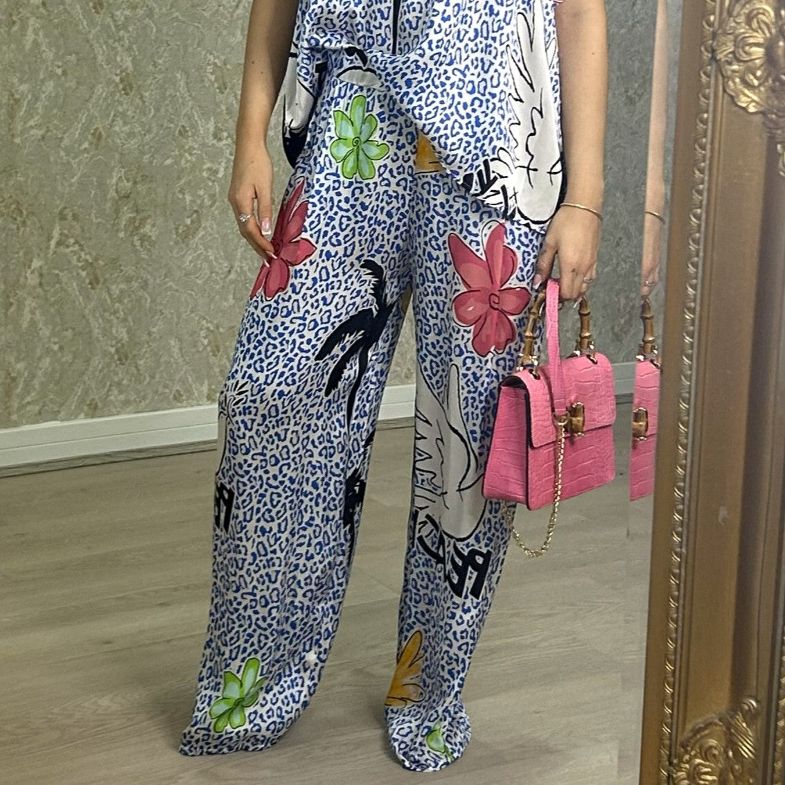 Leopard And Palm Tree Print Satin Feel Trousers