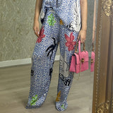 Leopard And Palm Tree Print Satin Feel Trousers