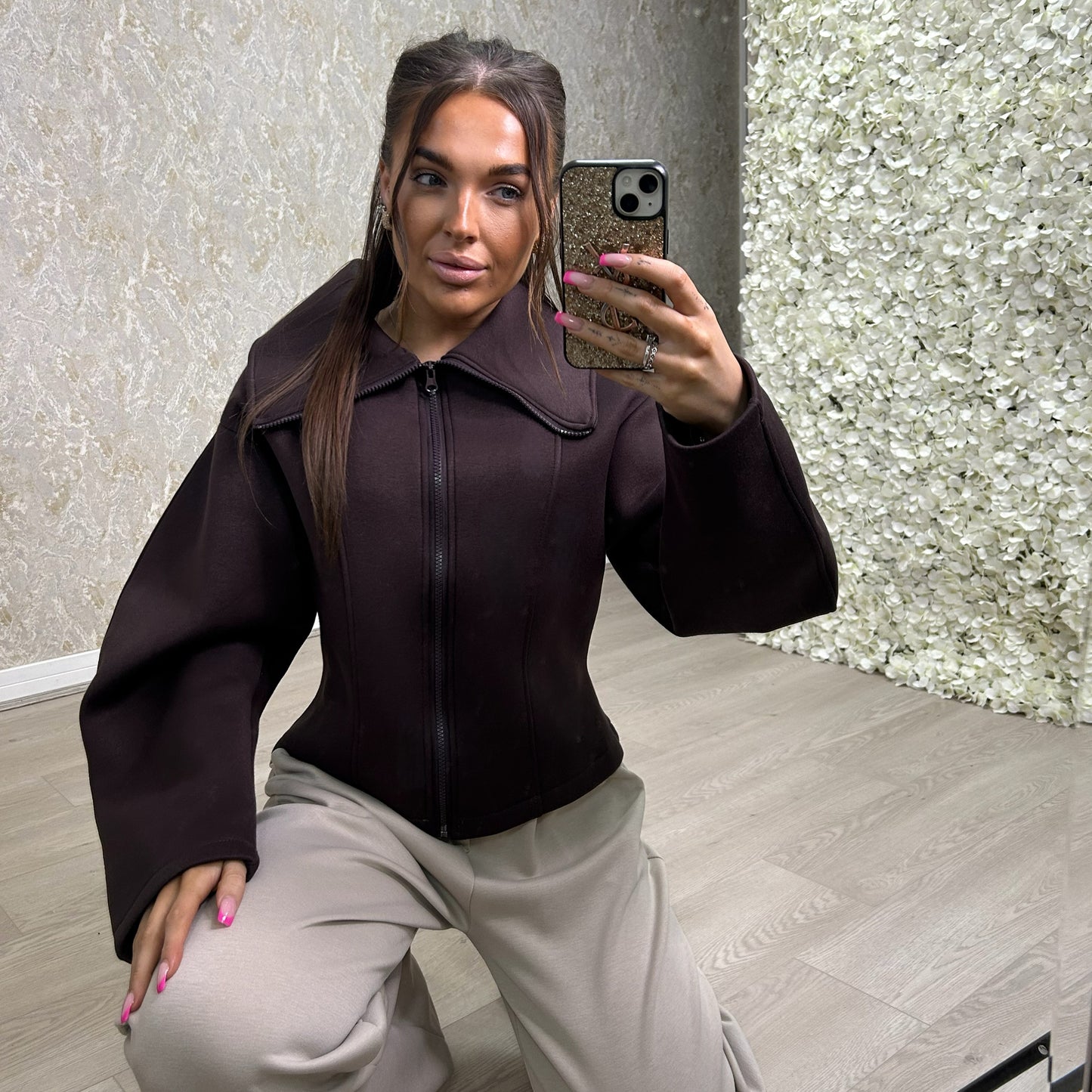 Chocolate Zip Up Sculpted Jacket