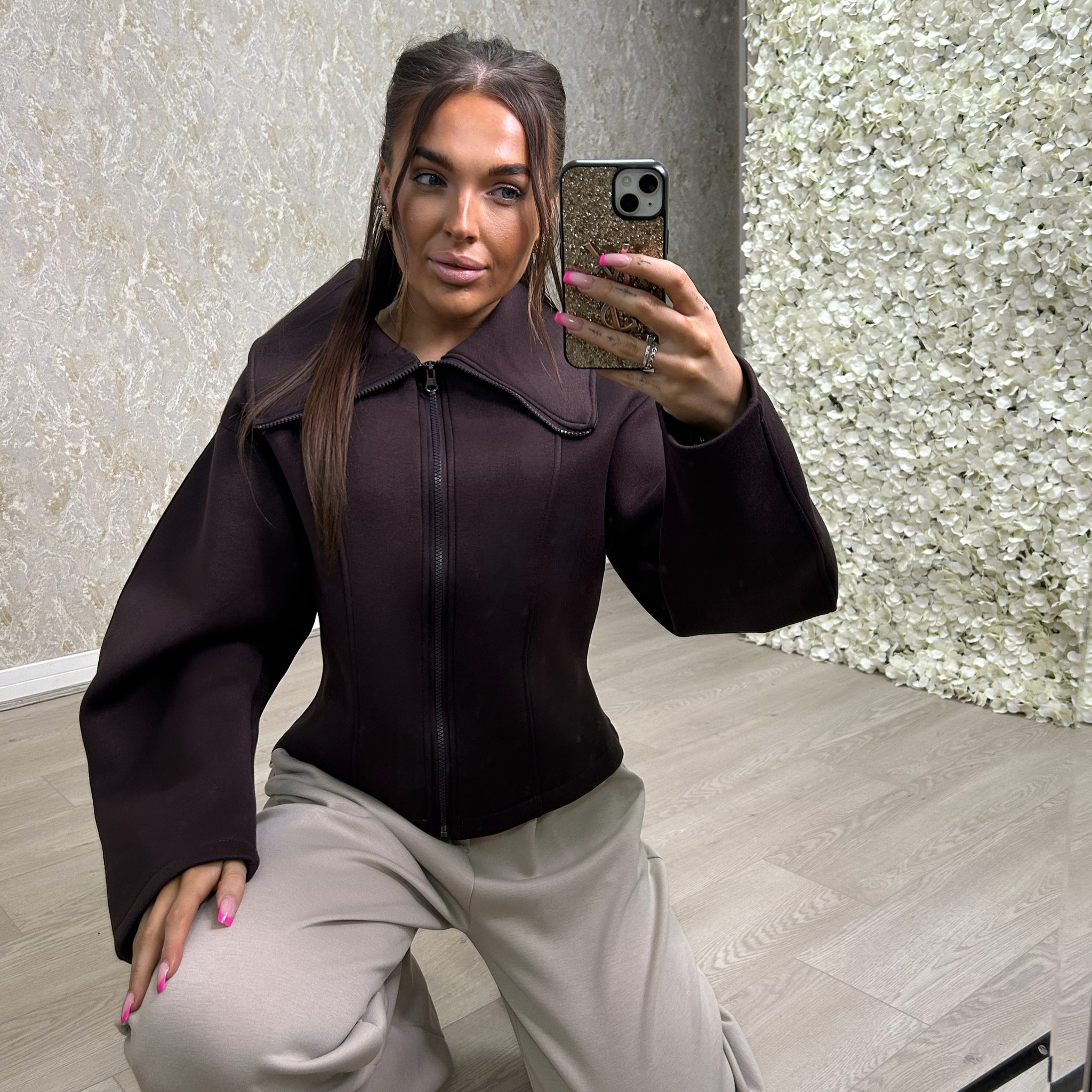 Chocolate Zip Up Sculpted Jacket