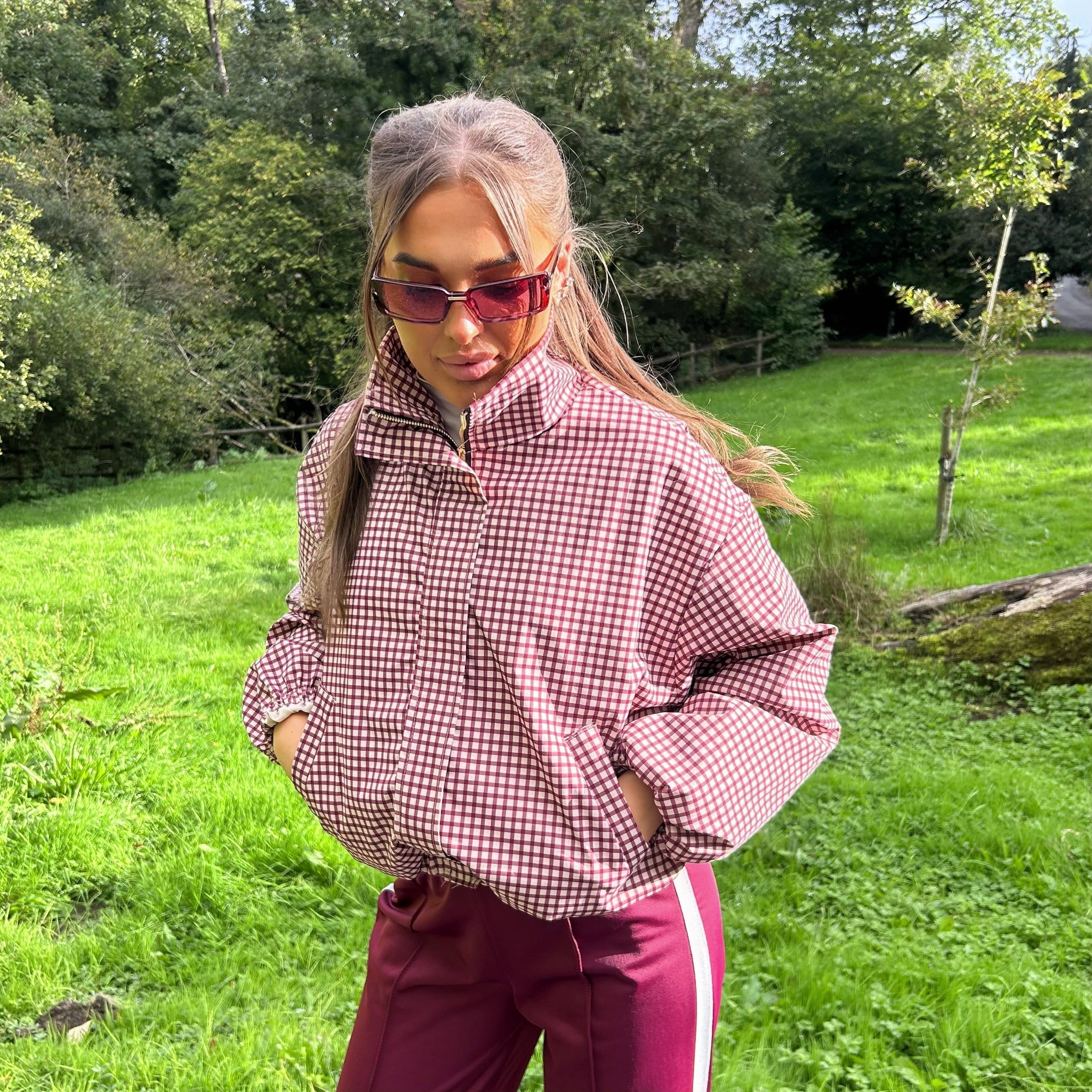 'Bonnie' - Gingham Check Funnel Neck Jacket