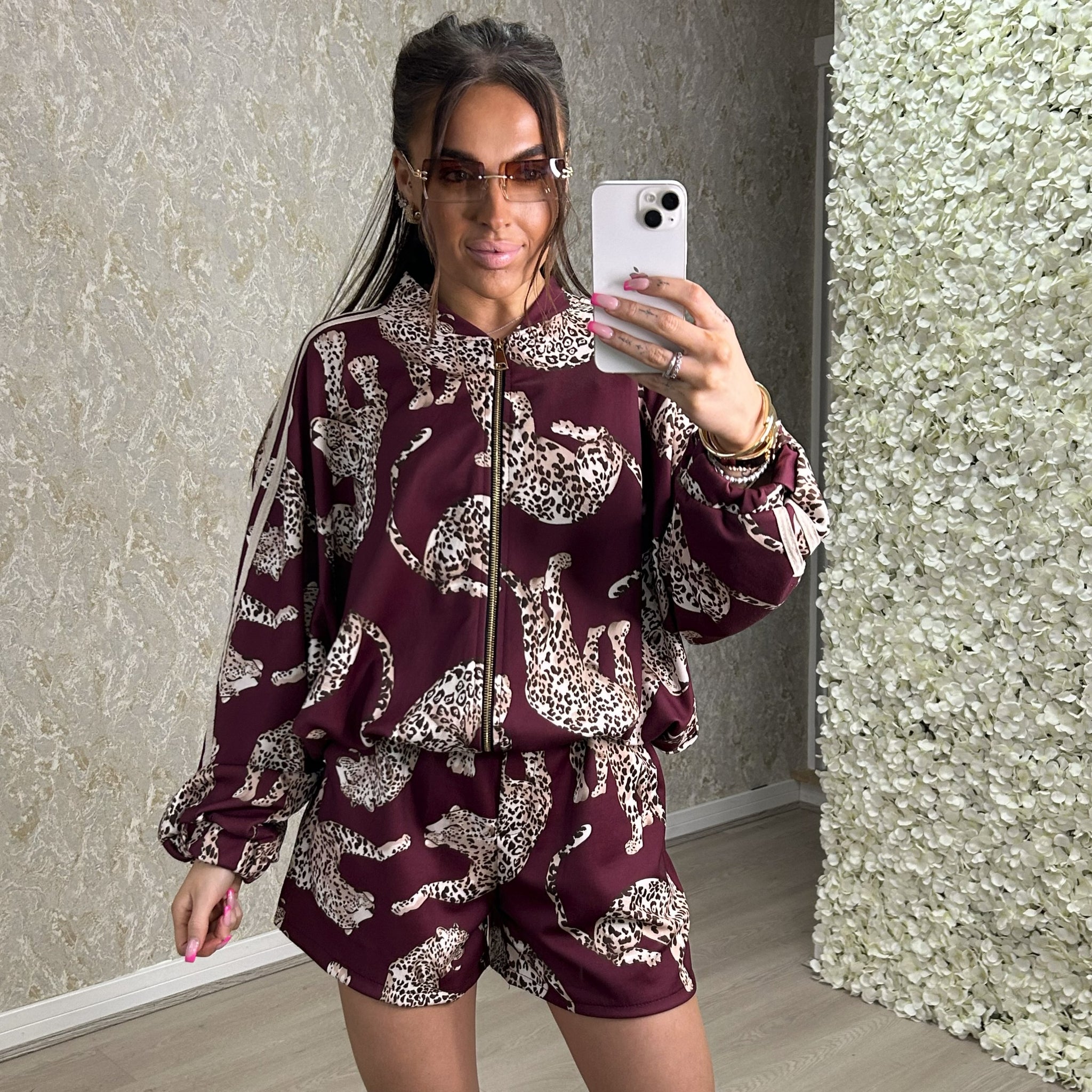 Leopard Print Bomber Jacket And Shorts