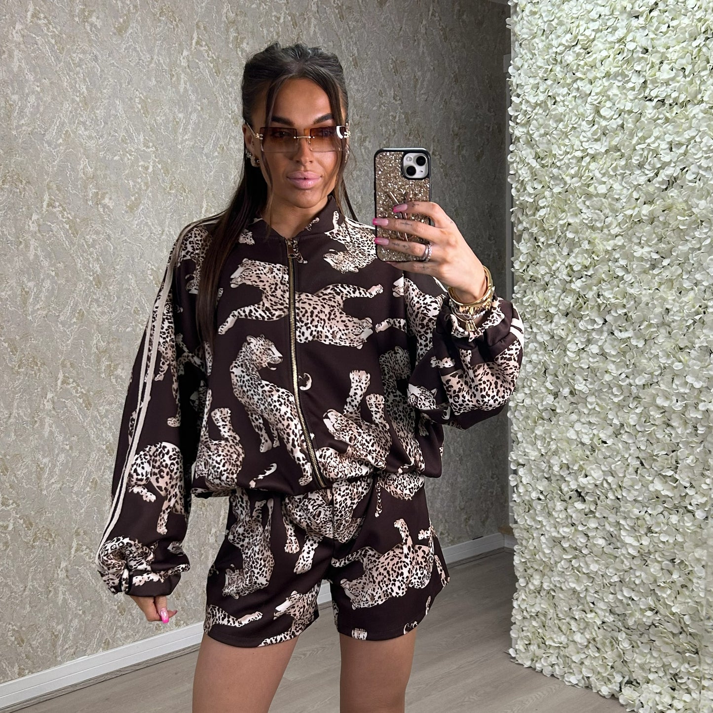 Leopard Print Bomber Jacket And Shorts