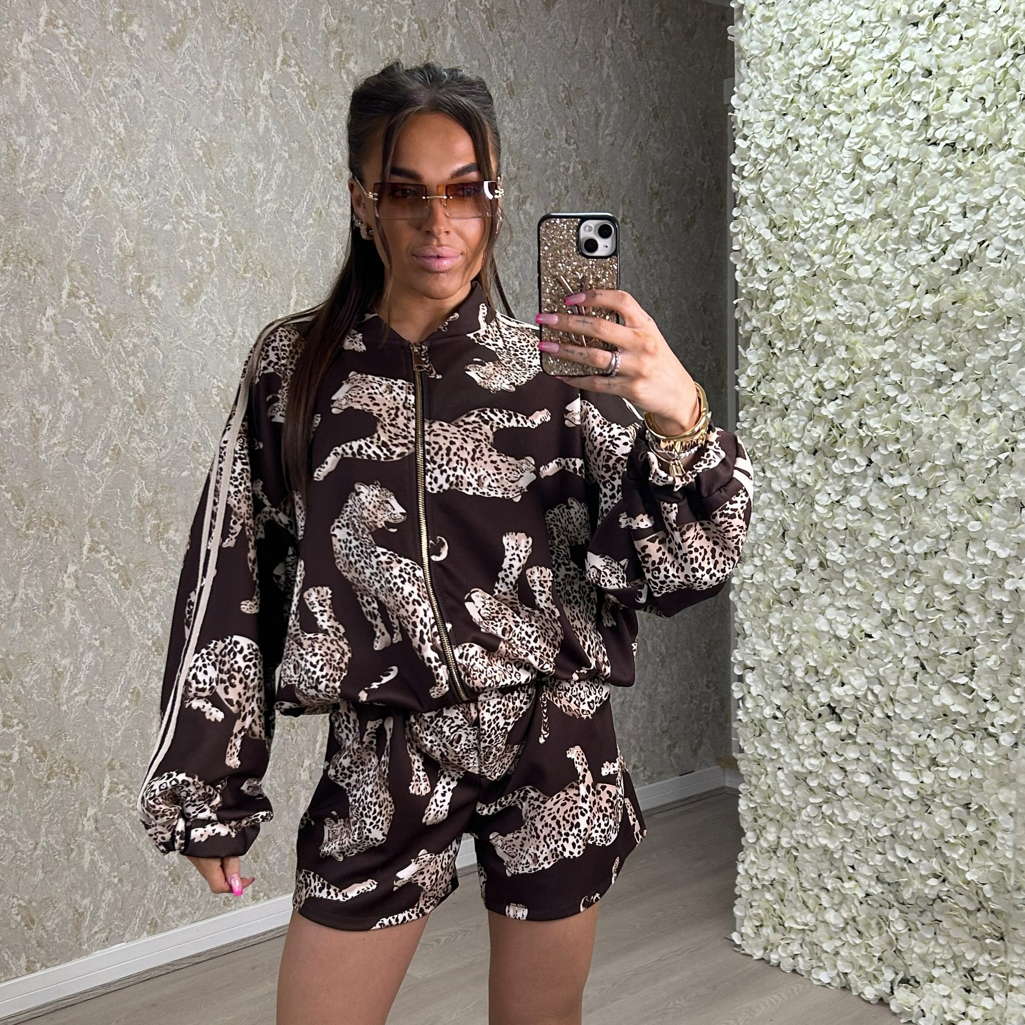 Leopard Print Bomber Jacket And Shorts