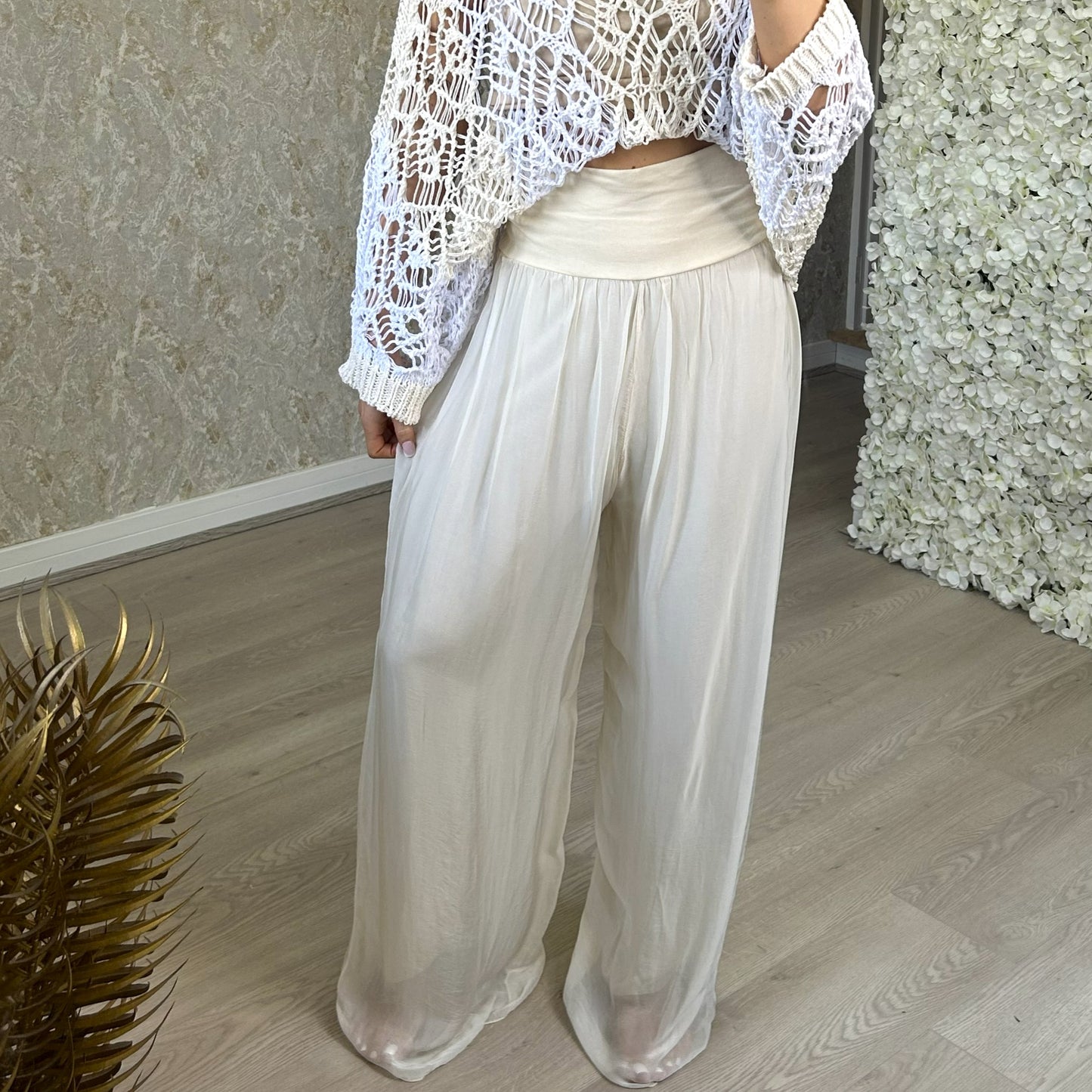 Cream Silk Blend Trousers