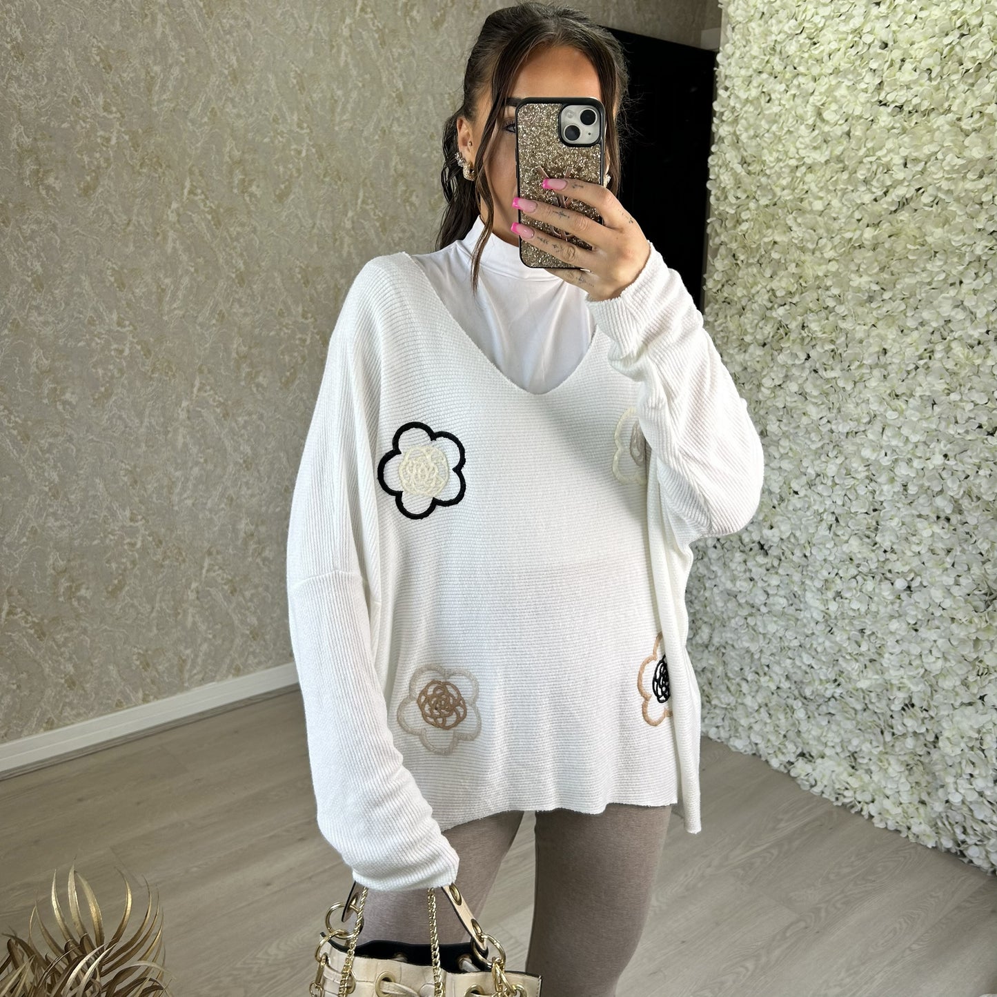 Embroidery 'Mary Quant' Style Flower Knitted Jumper Top