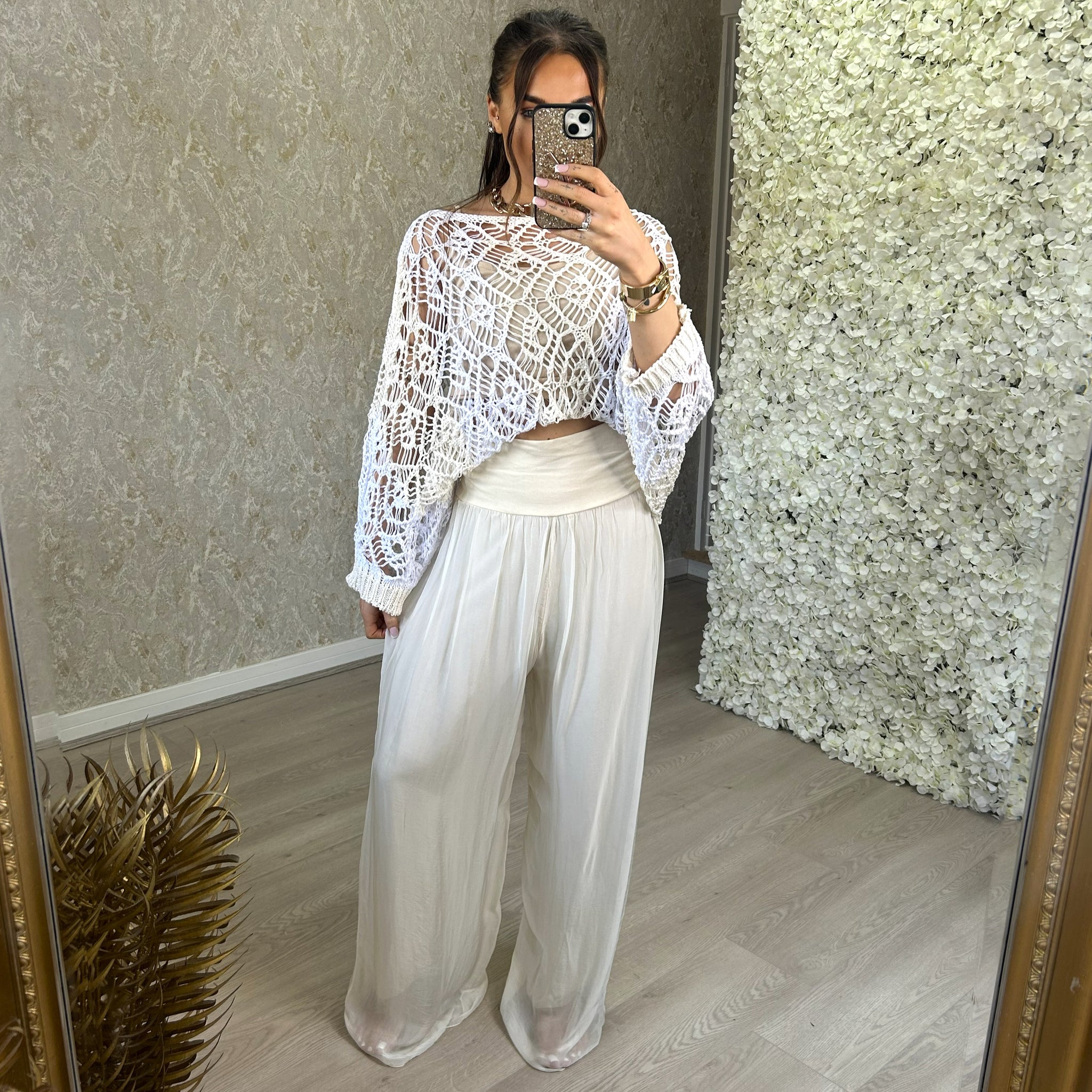 Cream Silk Blend Trousers