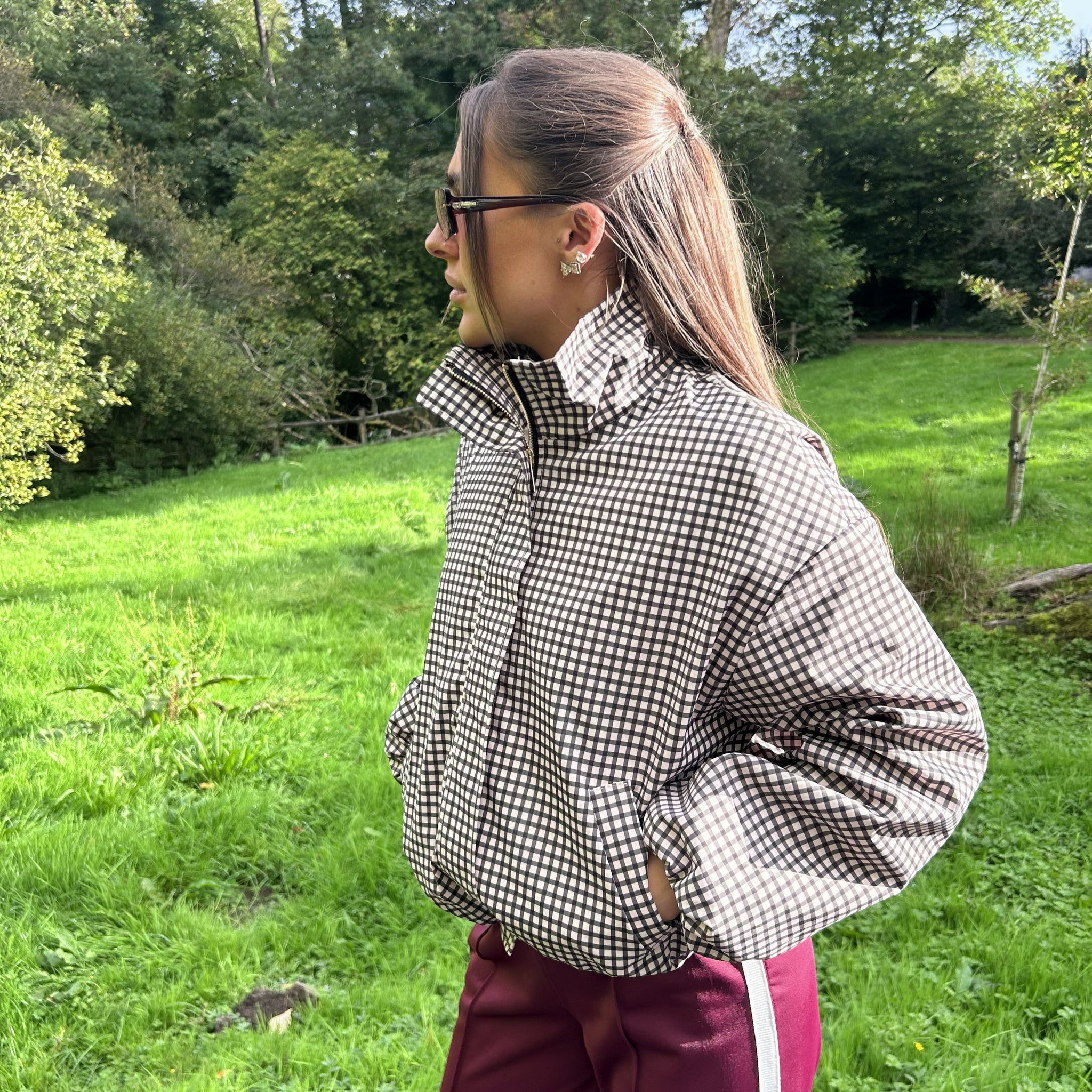 'Bonnie' - Gingham Check Funnel Neck Jacket