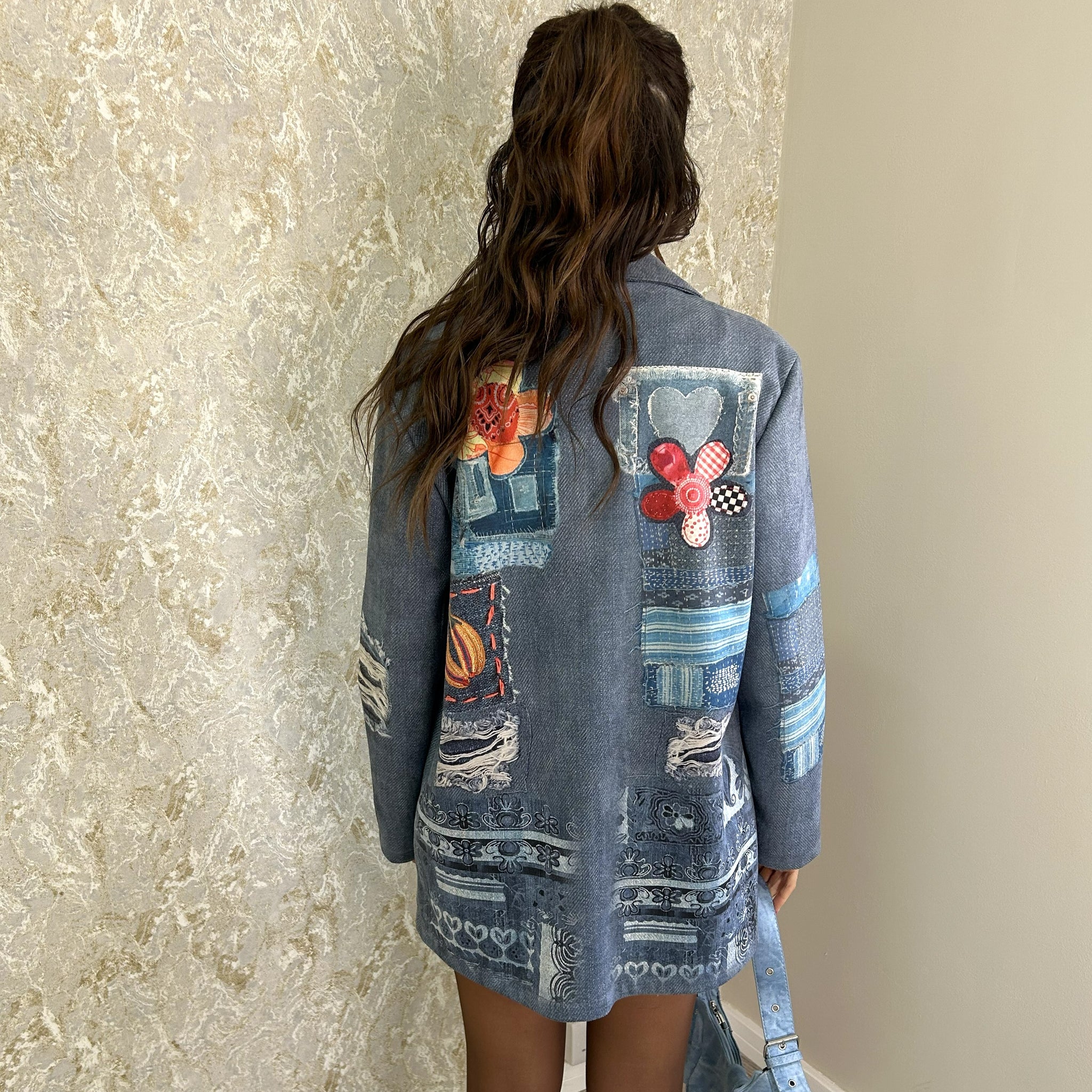 Denim Look Lightweight Patch Print Blazer