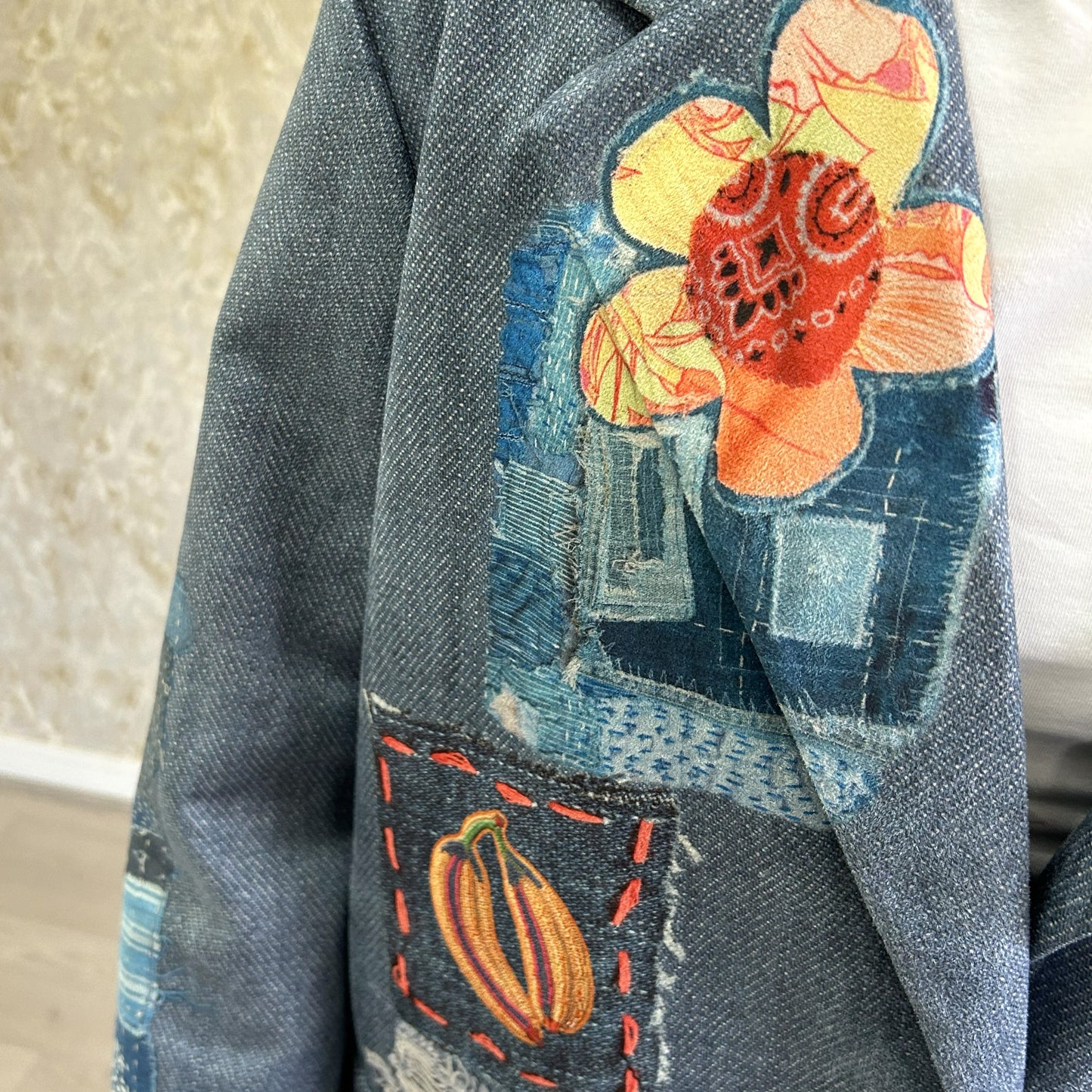 Denim Look Lightweight Patch Print Blazer