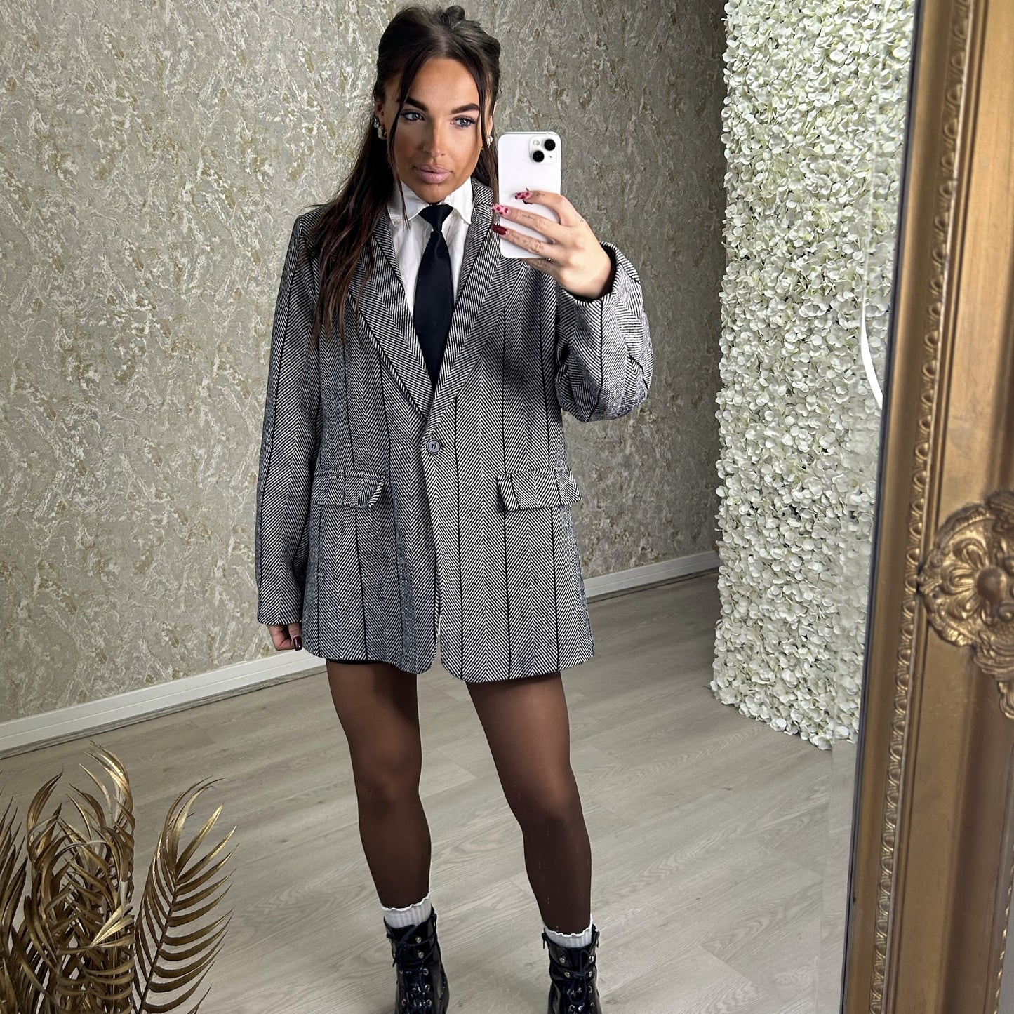 Grey Tweed Style Blazer With Shoulder Pads