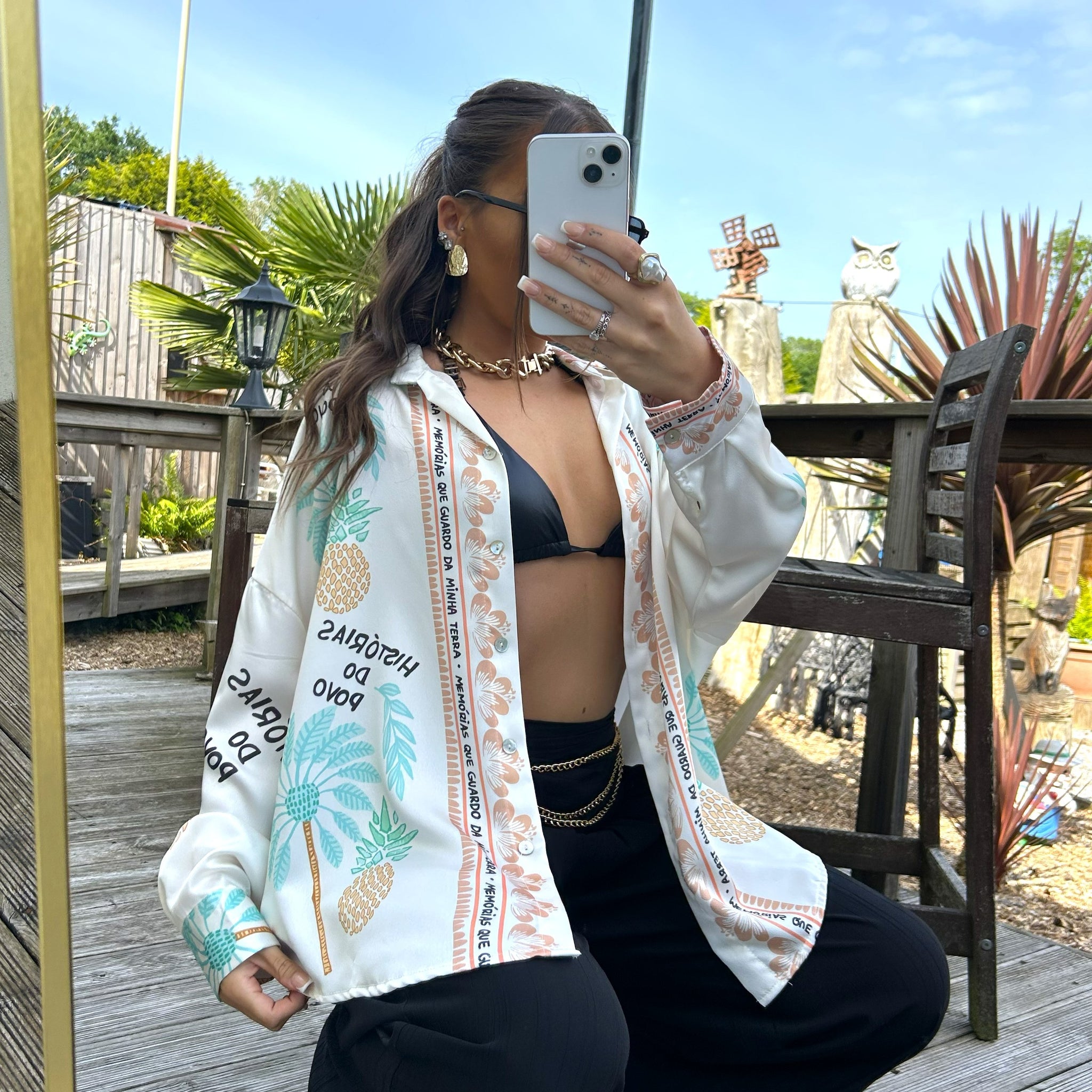 Palm Tree And Pineapple Print Oversized Satin Feel Shirt