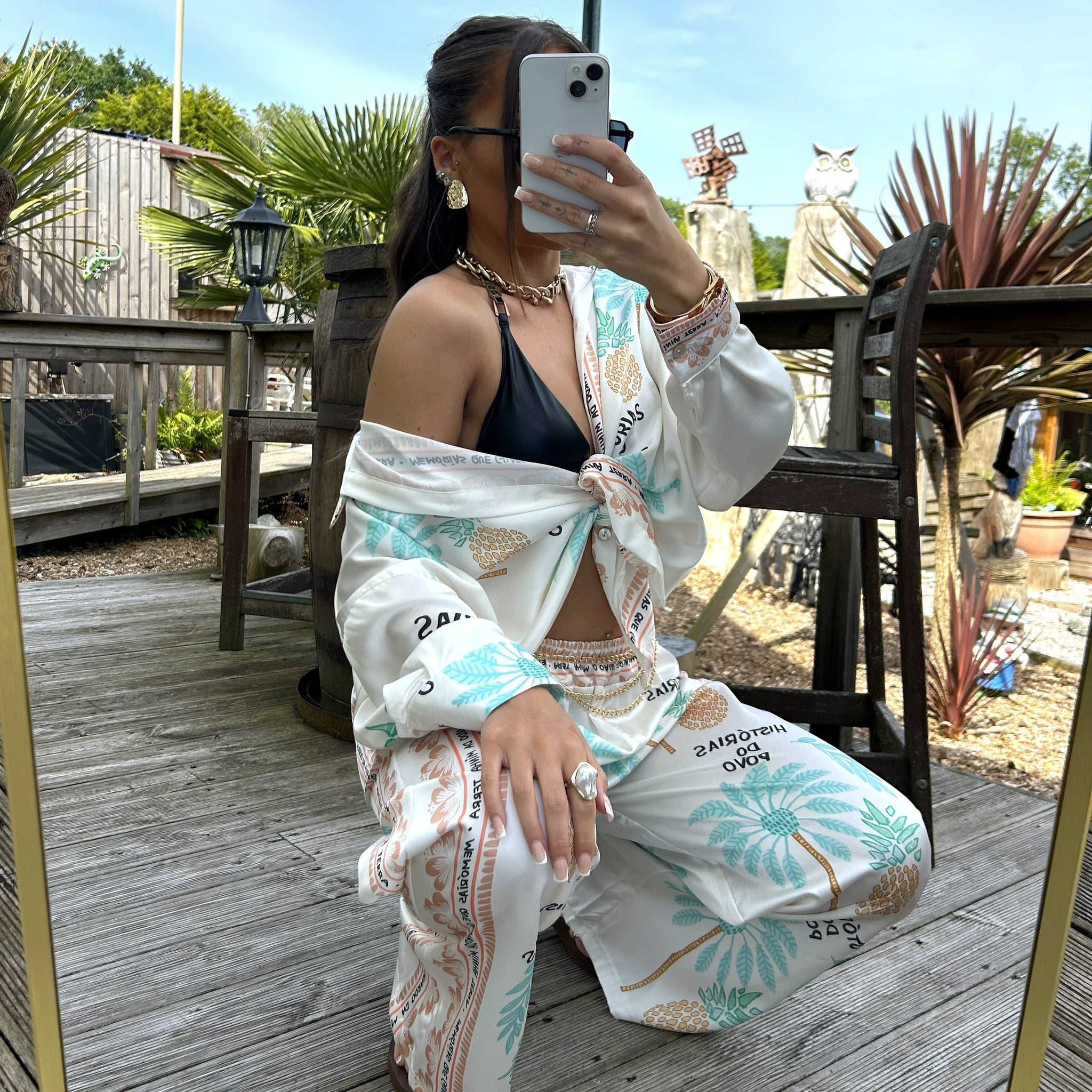 Palm Tree And Pineapple Print Oversized Satin Feel Shirt