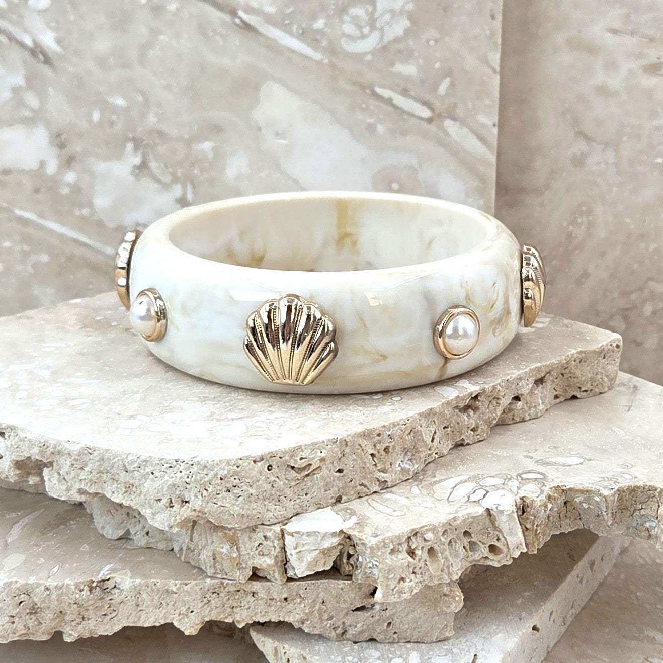 Subtle Marble Effect Resin Bangle With Pearl And Shell Bracelet