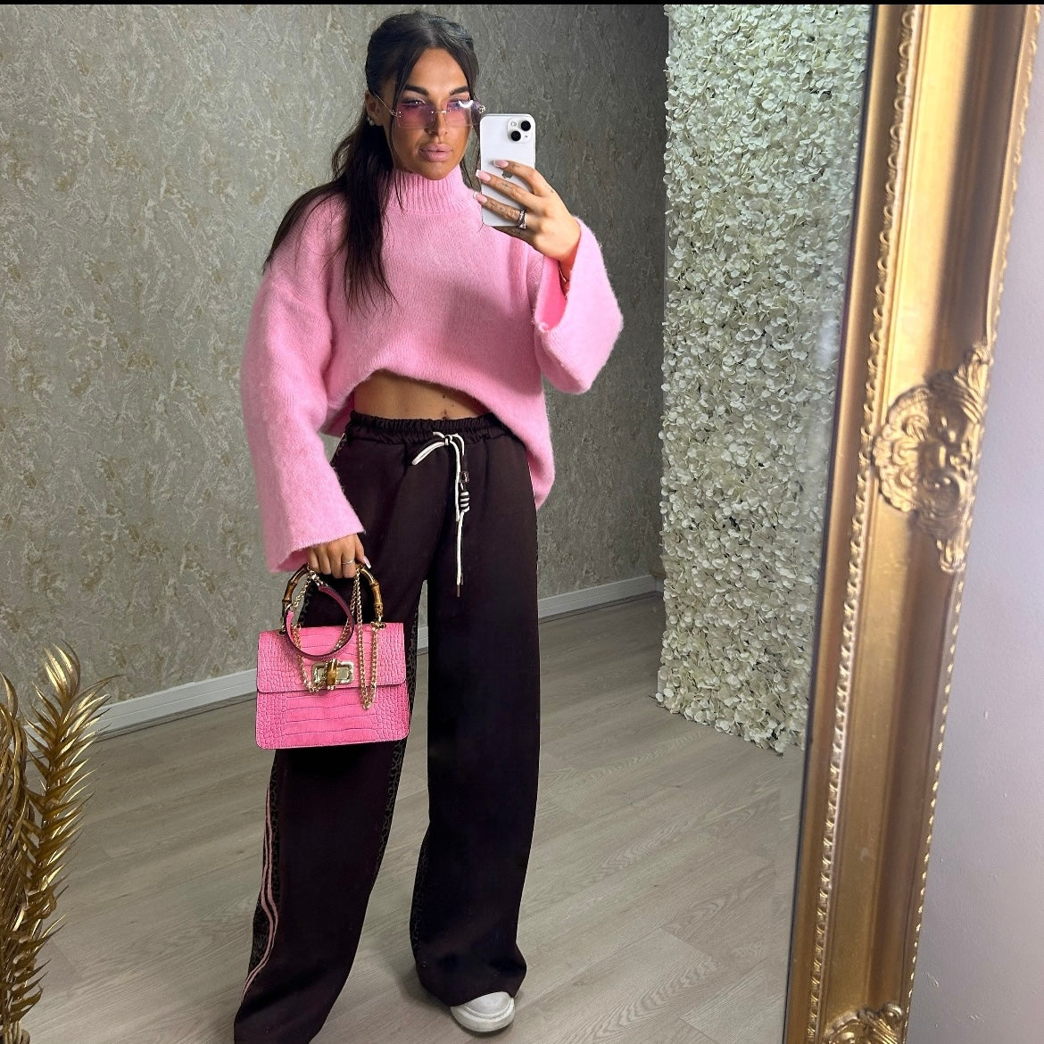 Straight Leg Jogger Trousers With Leopard Print And Pink Stripes
