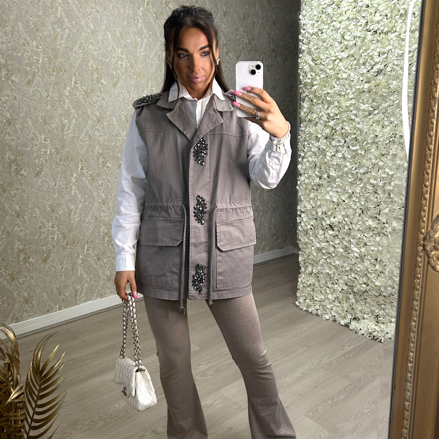Utility Style Sleeveless Jacket With Black Diamond Gem Detail