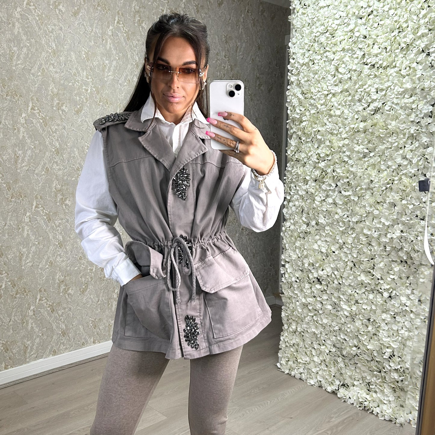 Utility Style Sleeveless Jacket With Black Diamond Gem Detail
