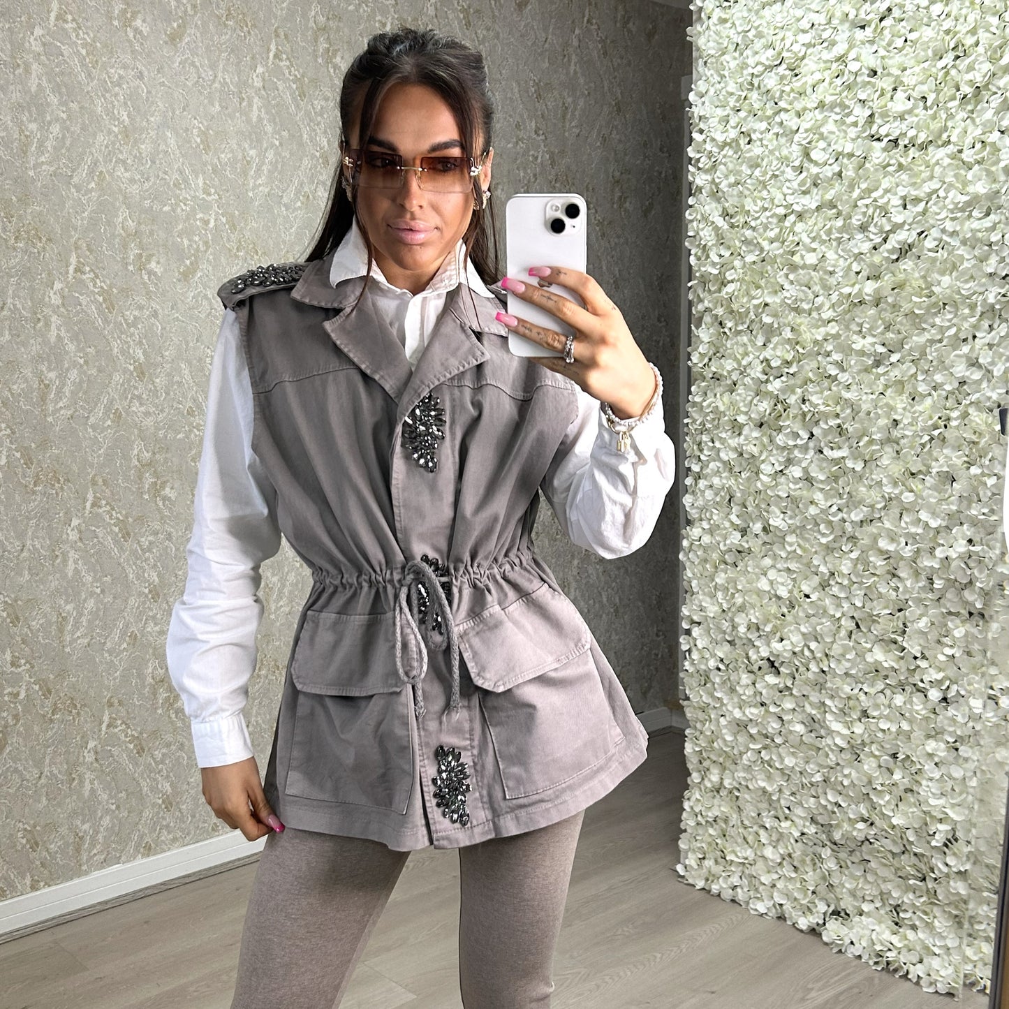 Utility Style Sleeveless Jacket With Black Diamond Gem Detail