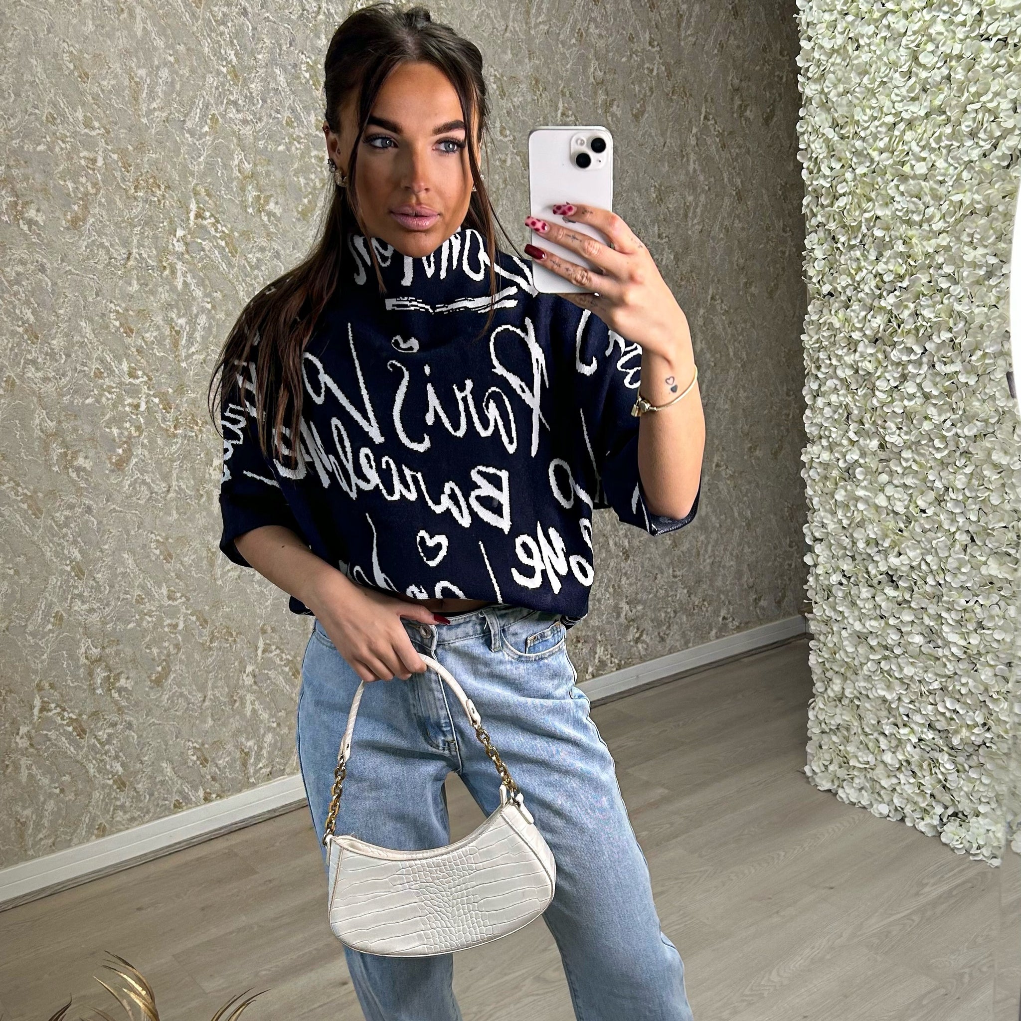 Navy Graffiti Slogan 3/4 Sleeve Jumper