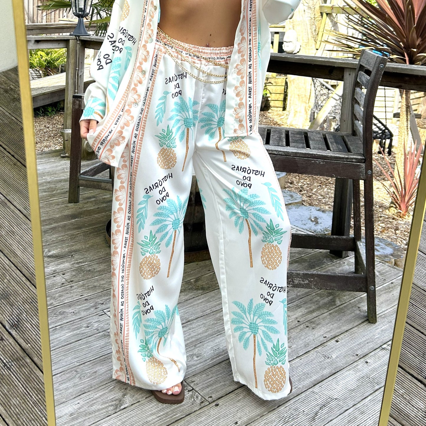 Palm Tree And Pineapple Print Satin Feel Trousers