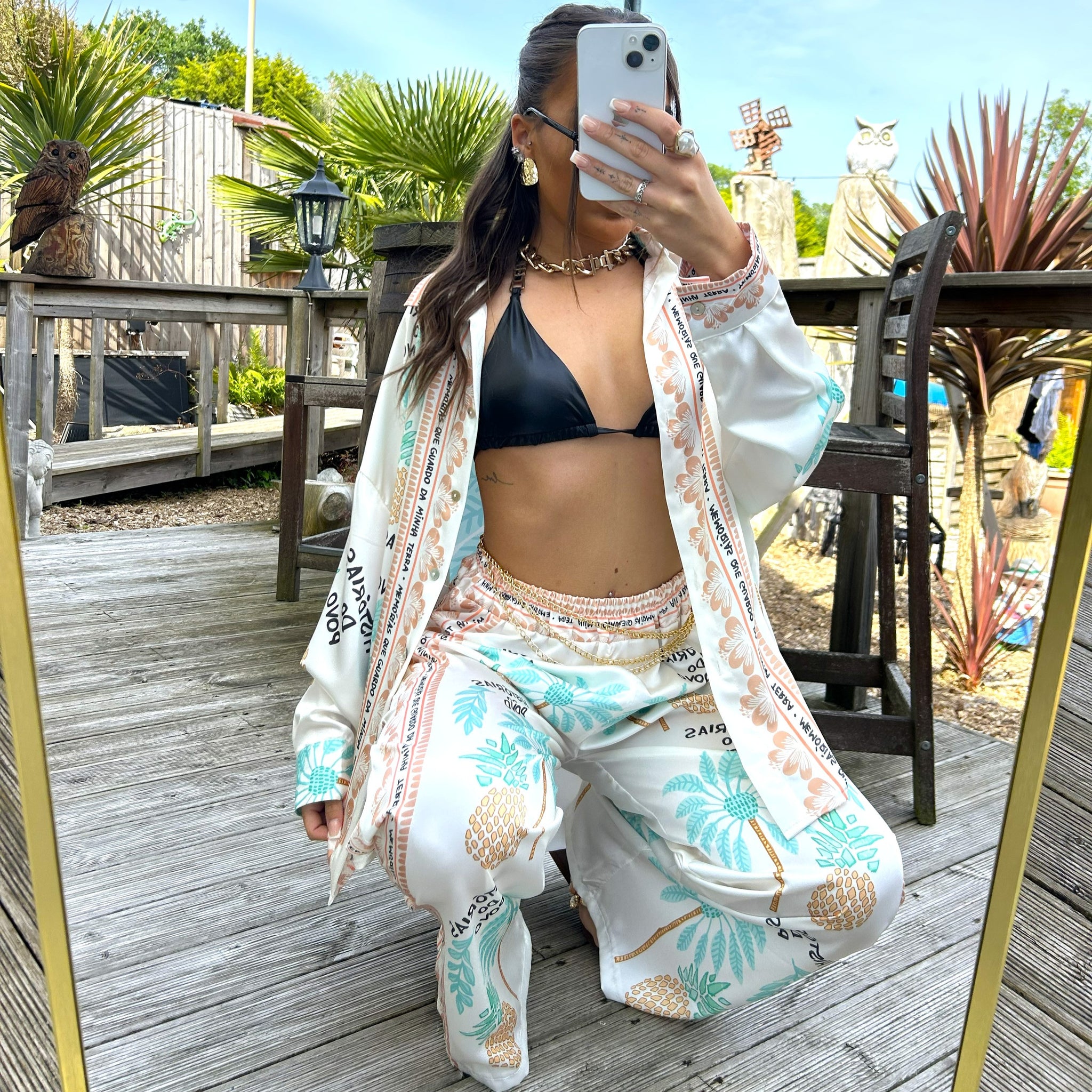 Palm Tree And Pineapple Print Satin Feel Trousers
