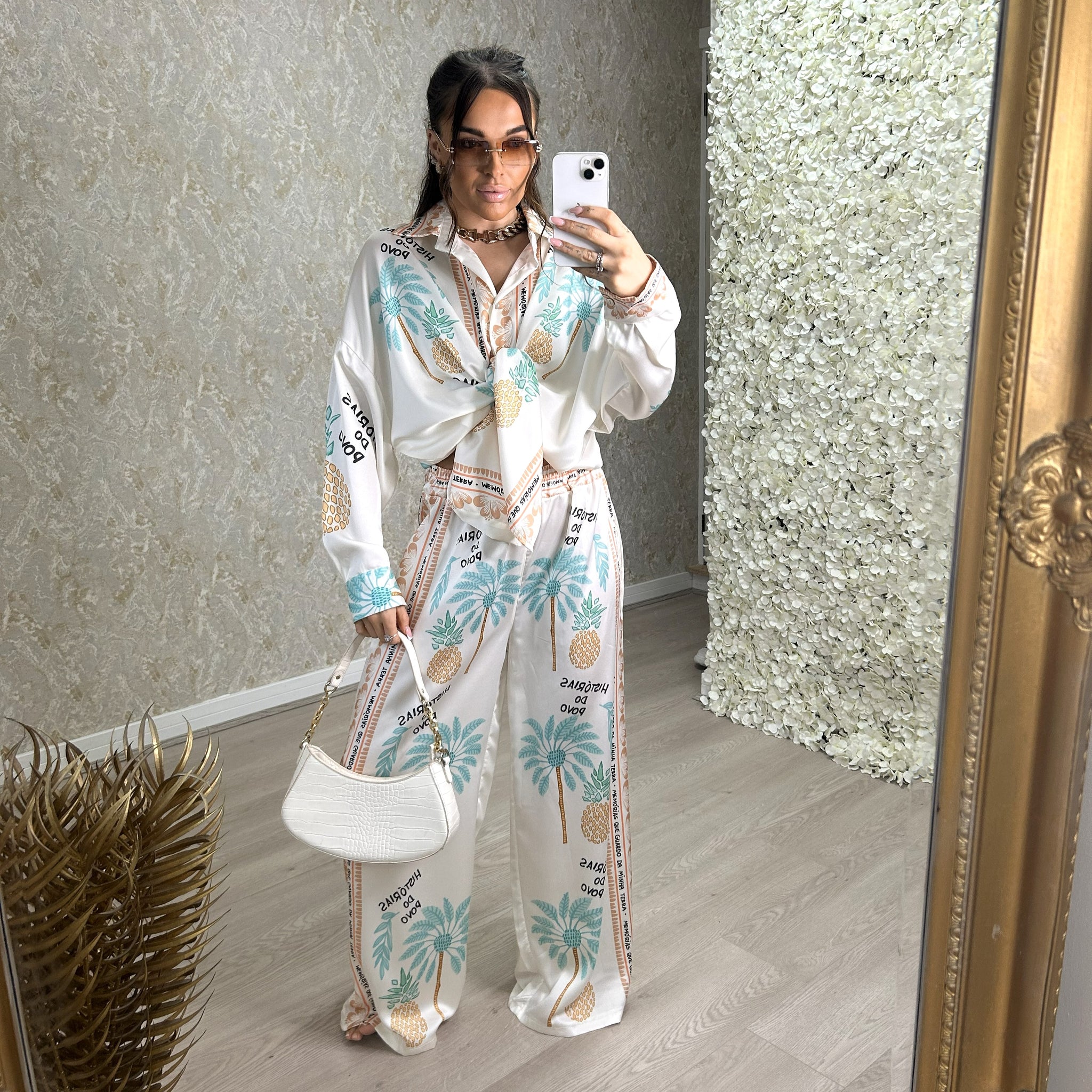 Palm Tree And Pineapple Print Oversized Satin Feel Shirt