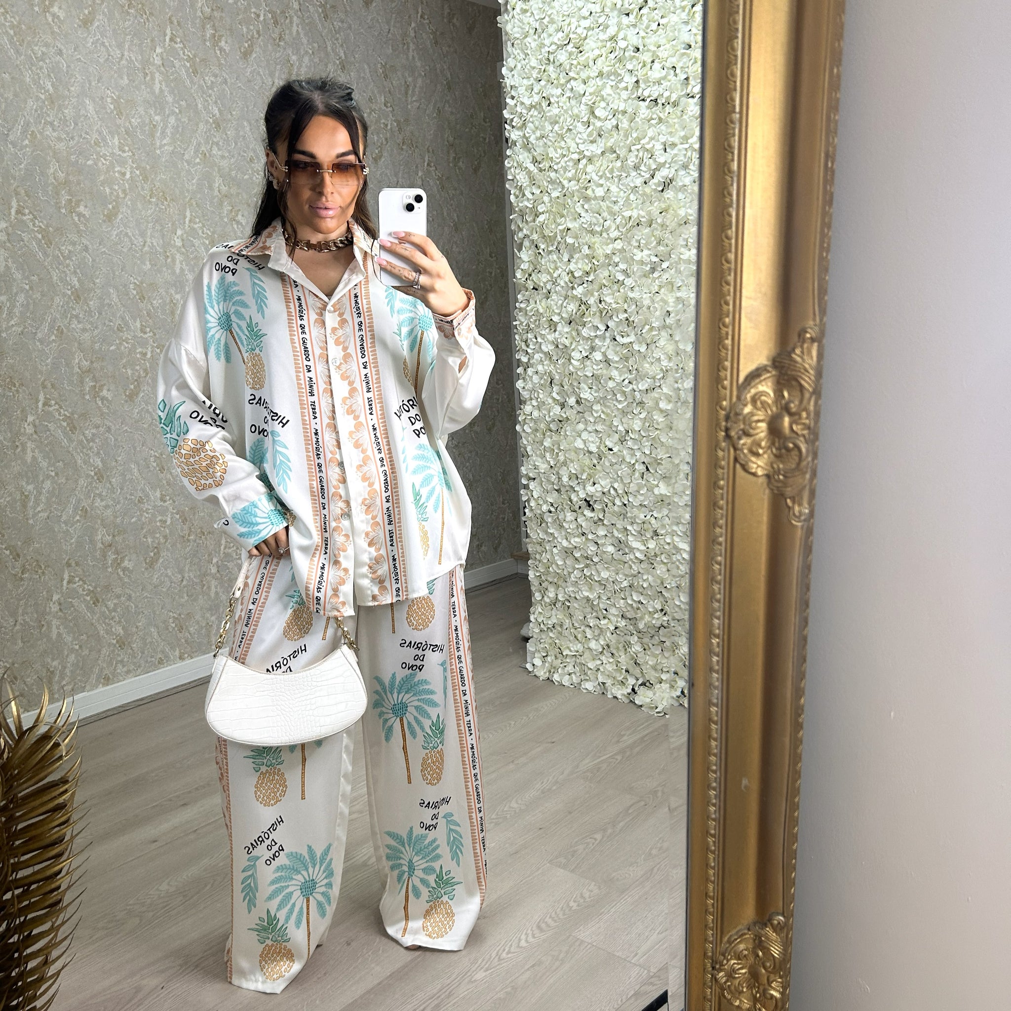 Palm Tree And Pineapple Print Oversized Satin Feel Shirt