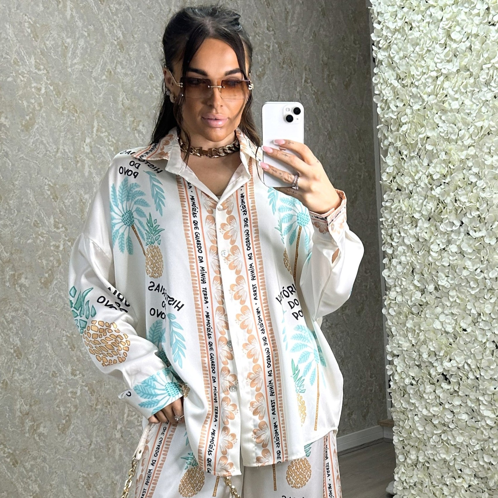 Palm Tree And Pineapple Print Oversized Satin Feel Shirt