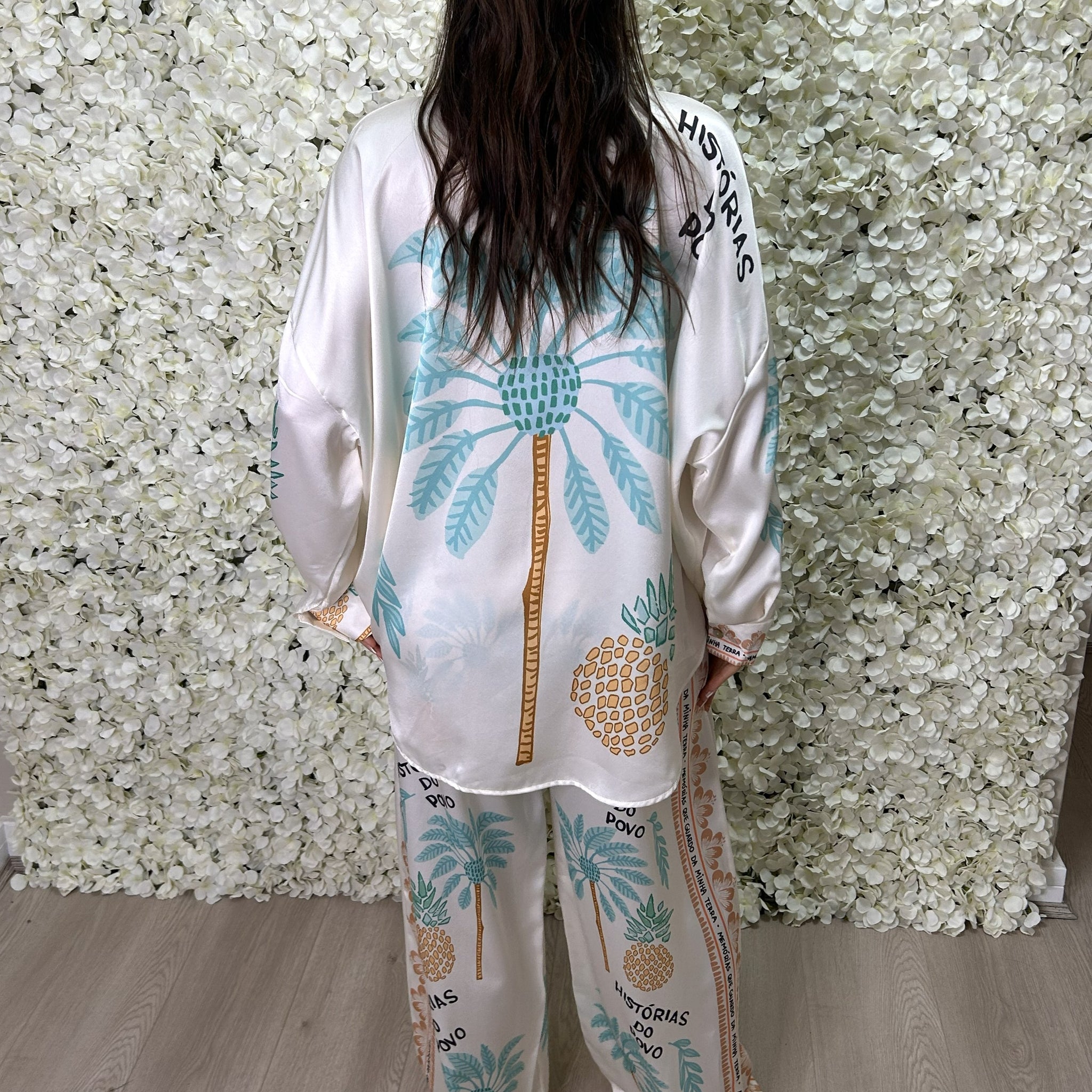 Palm Tree And Pineapple Print Oversized Satin Feel Shirt