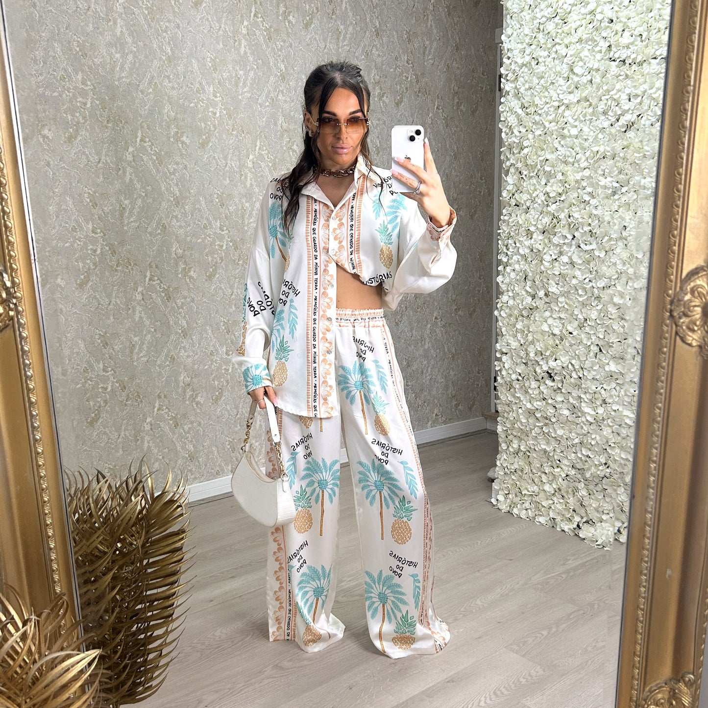 Palm Tree And Pineapple Print Satin Feel Trousers