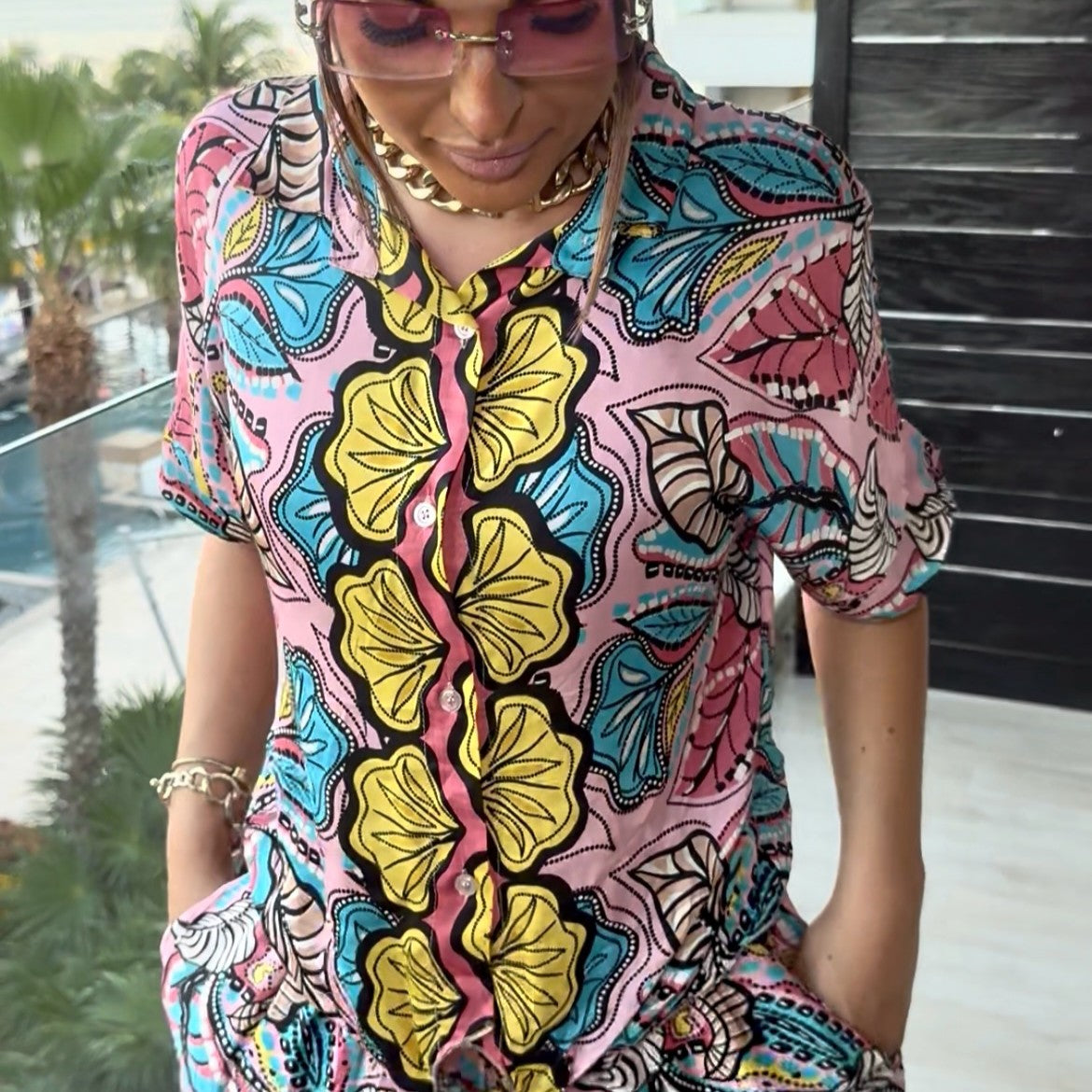Leaf Print Tie Front Shirt