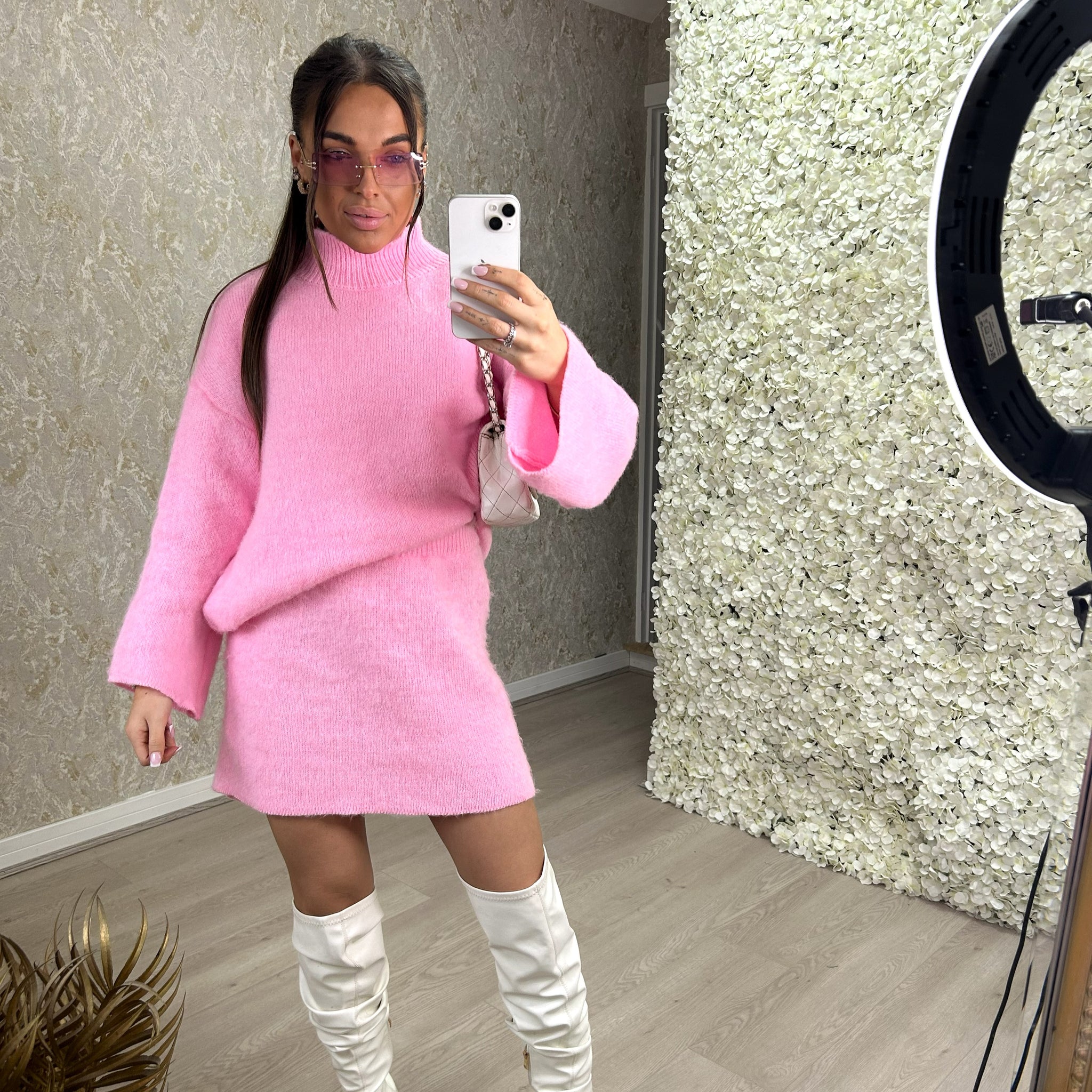 Plain Knitted Jumper And Skirt Set