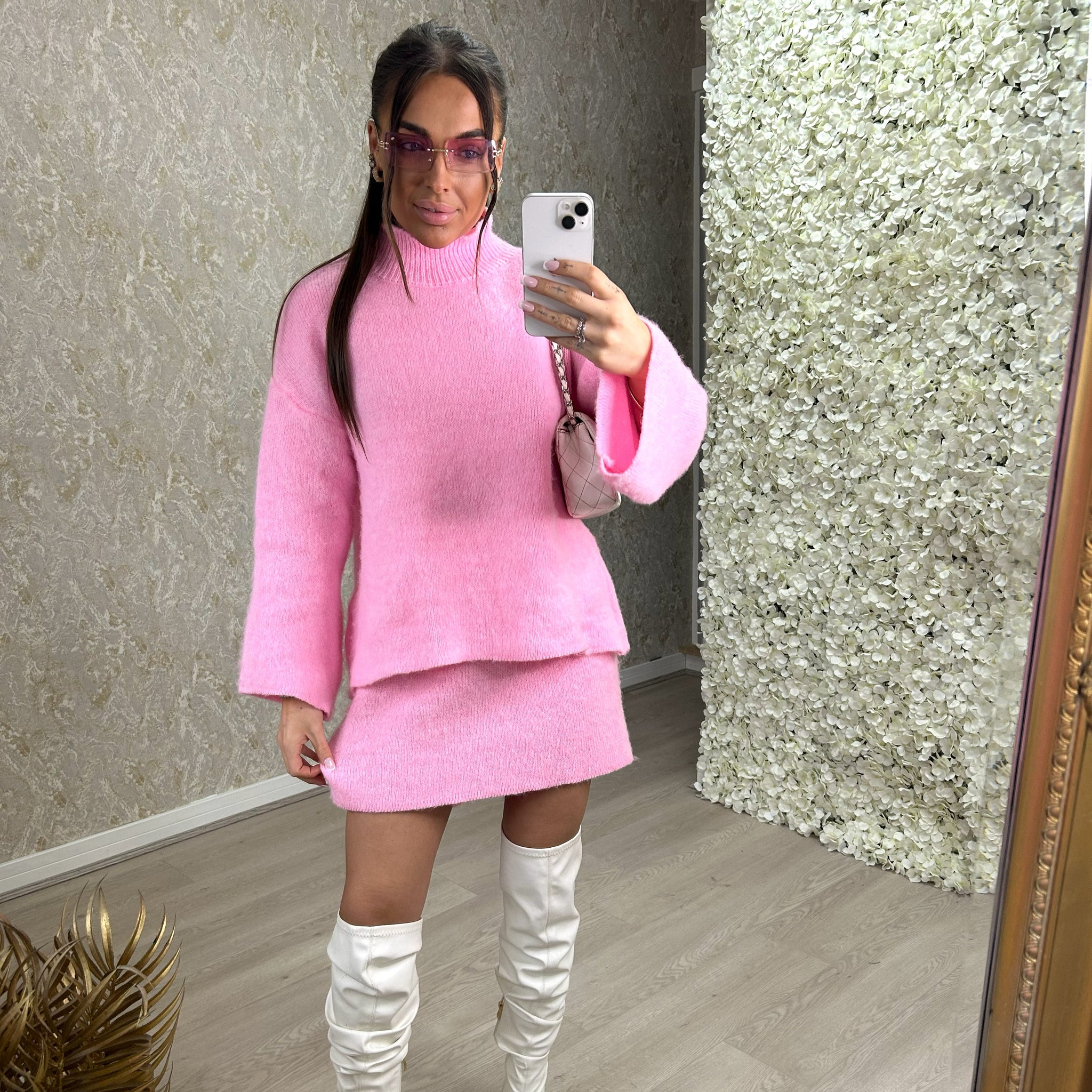Plain Knitted Jumper And Skirt Set