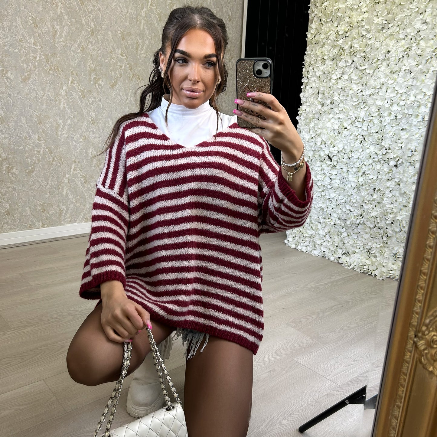 Red And Cream Stripe Knitted V-neck Jumper