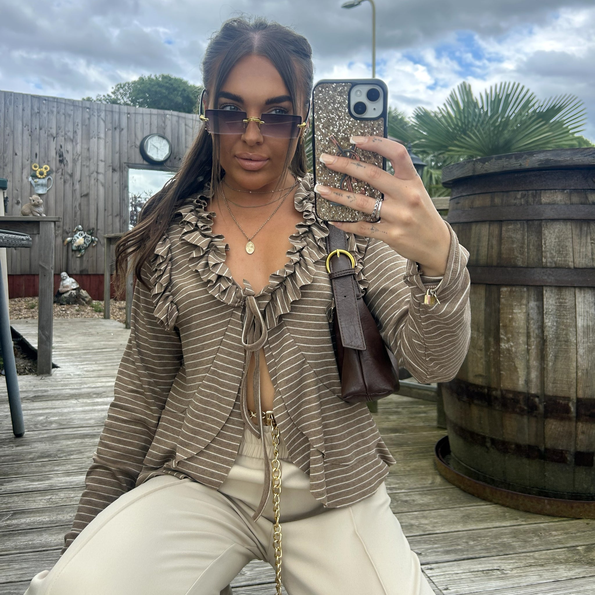 Stripe Ruffle Tie Front Top