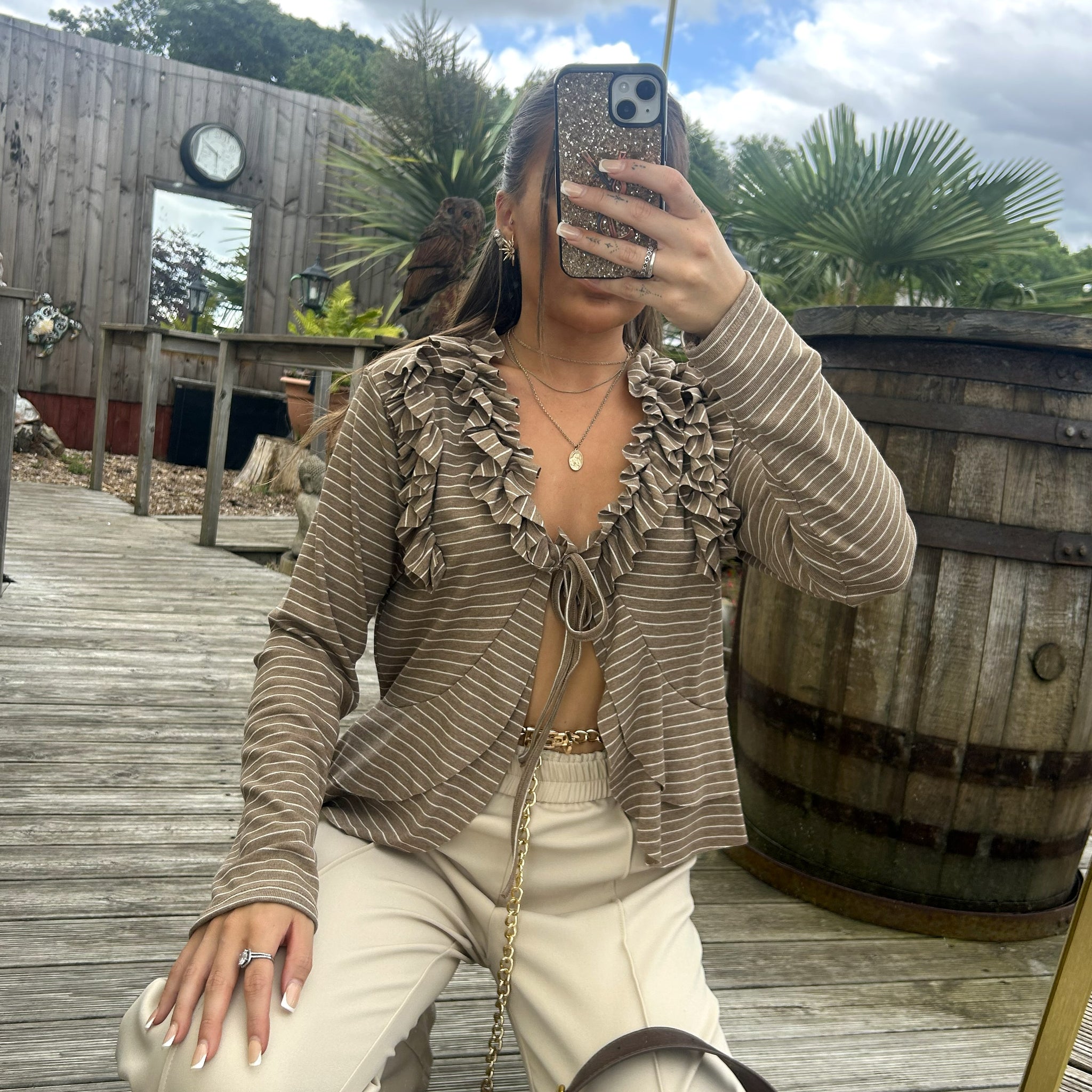 Stripe Ruffle Tie Front Top